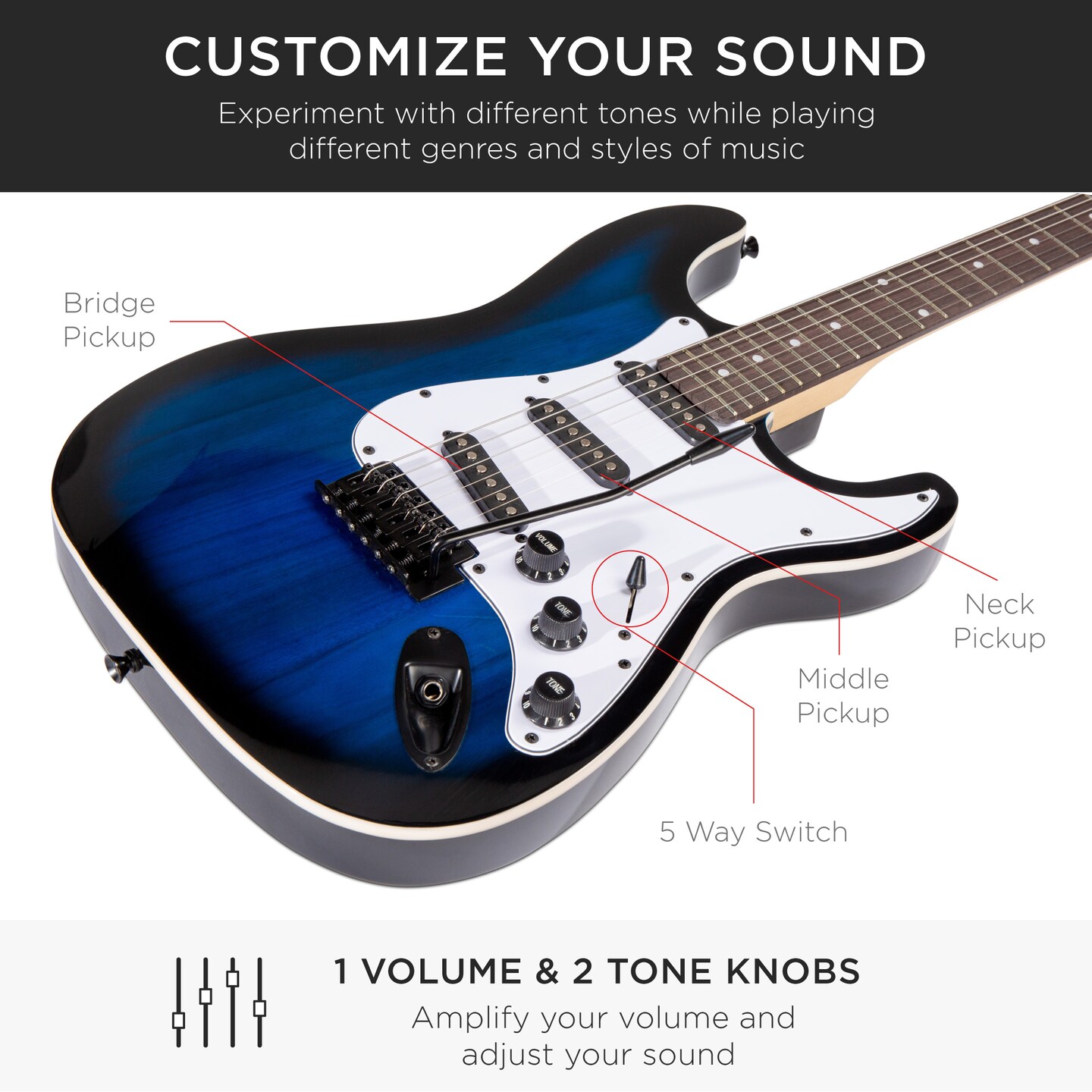 Best Choice Products 39in Full Size Beginner Electric Guitar Kit with Case, Strap, Amp, Whammy Bar