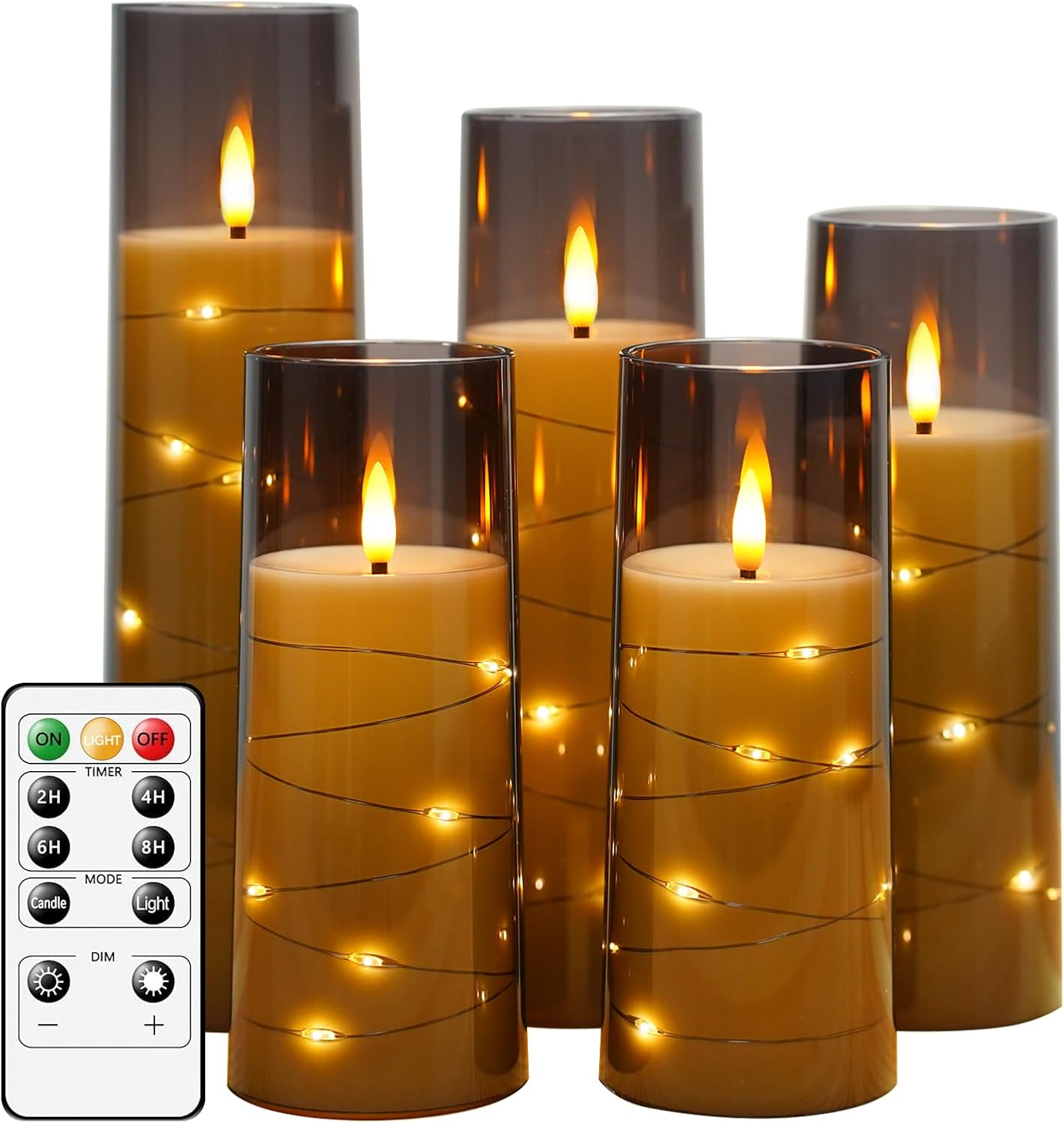 Flameless LED Candles with Timer 5 Pc Flickering Flameless Candles for Romantic Ambiance and Home Decoration Stable Acrylic Shell,with Embedded Star String&#xFF0C;Battery Operated Candles&#xFF08;Grey&#xFF09;