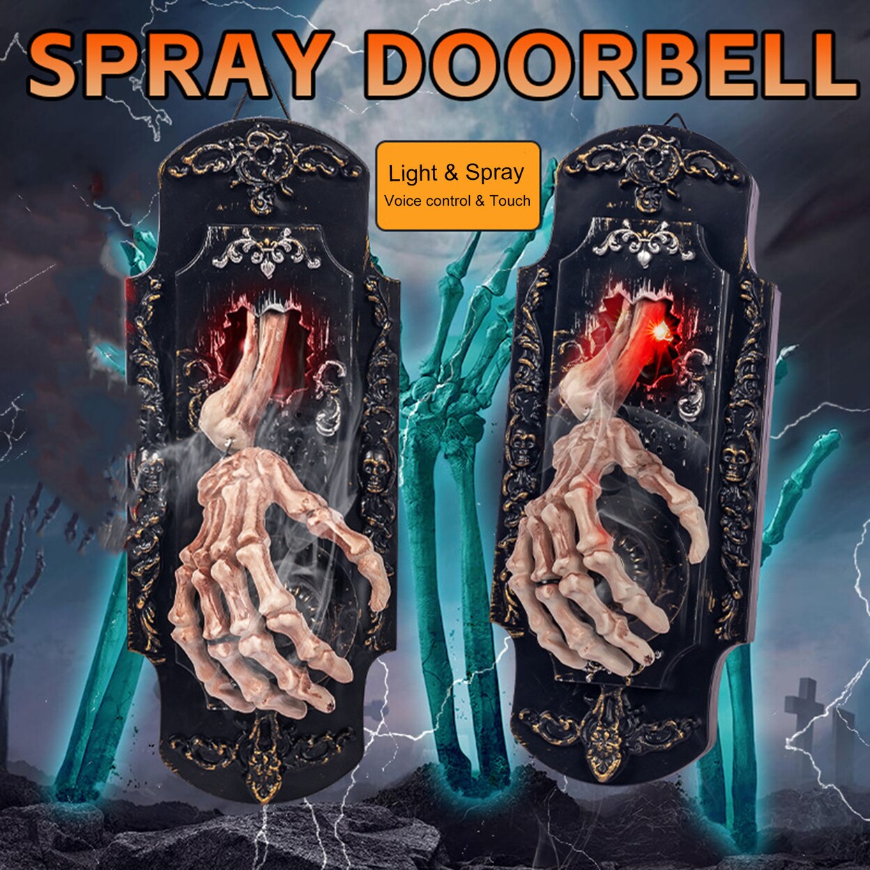 Halloween Spray Doorbell Motion Activated Skeleton Hand Door Bell With Red Light And Sound Hanging Electric Doorbell