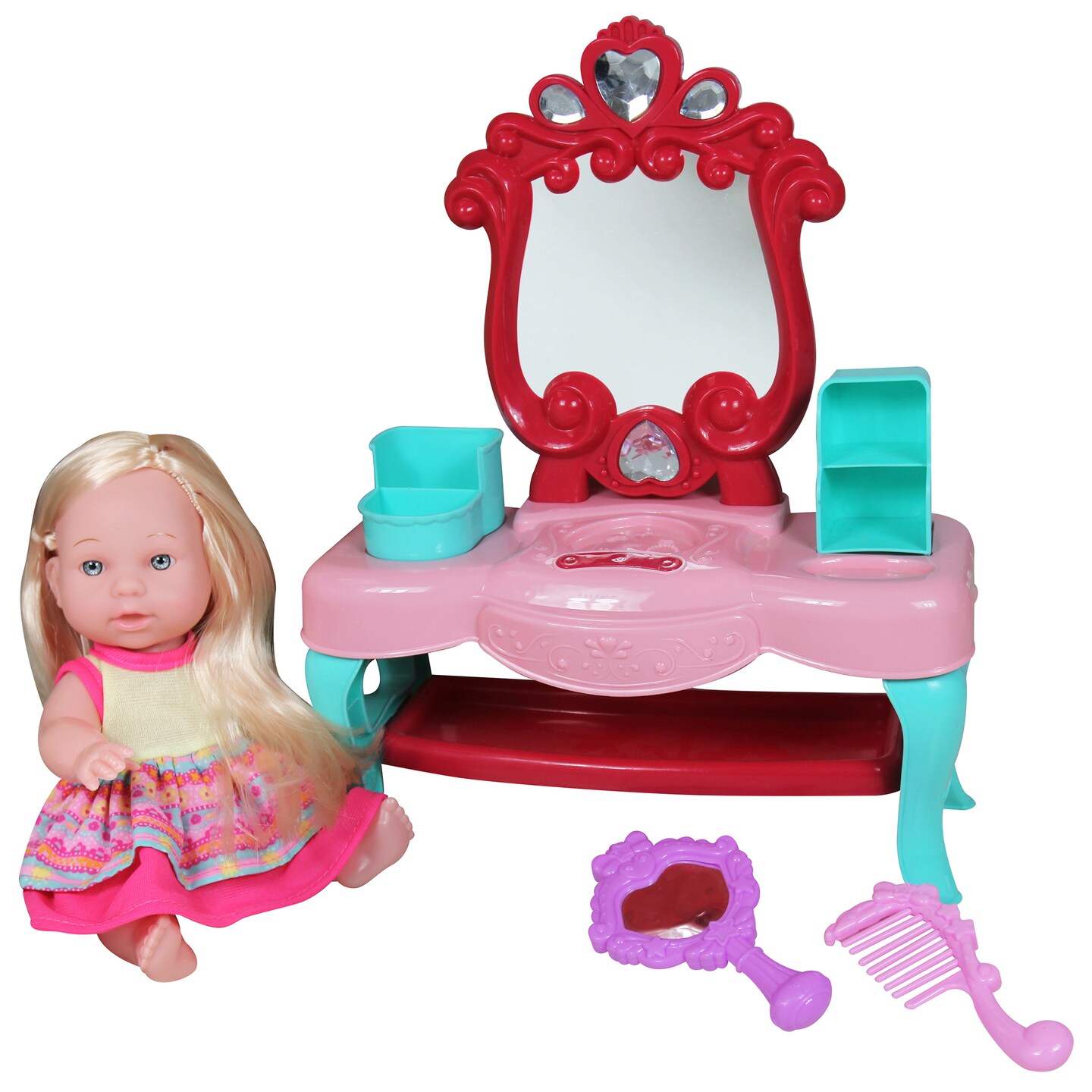 Lissi: Make Up Table Set - 8&#x22; Toddler Doll, Brush &#x26; Mirror - Blonde Hair - Pink-Red-Blue - Styling Toy Playset, Hair Care Accessories, Kids-Toddler 2+