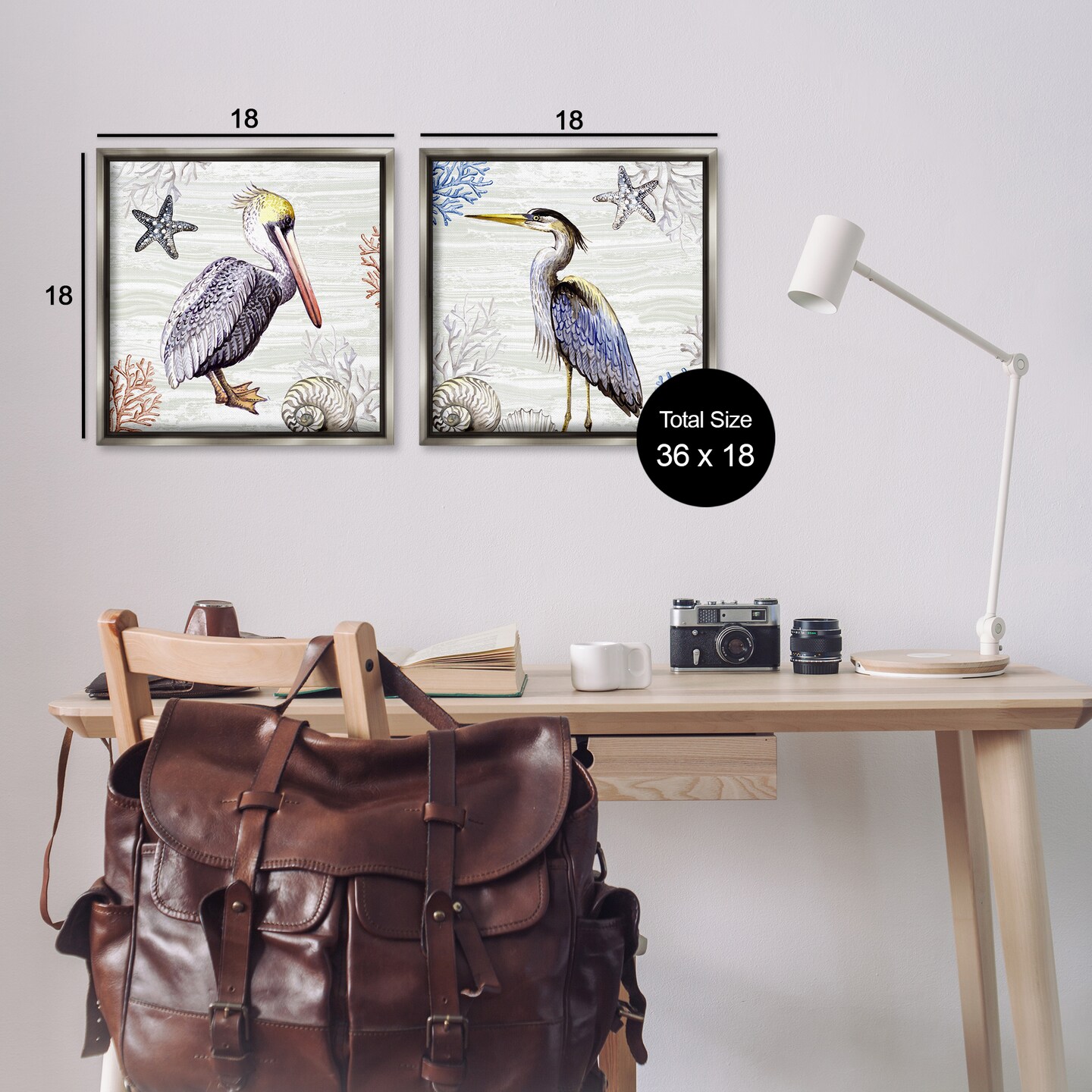 Stupell Industries Coastal Pelican & Heron 2 pc Framed Floater Canvas Wall Art Set Design by Elena Vladykina