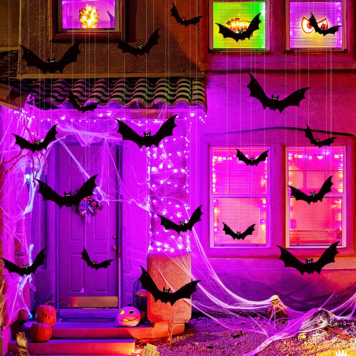 18Pcs Halloween Hanging Bats 3D Realistic Fake Flying Bat Yard Sign Outdoor Indoor Black Bat With Glowing Eye For Yard