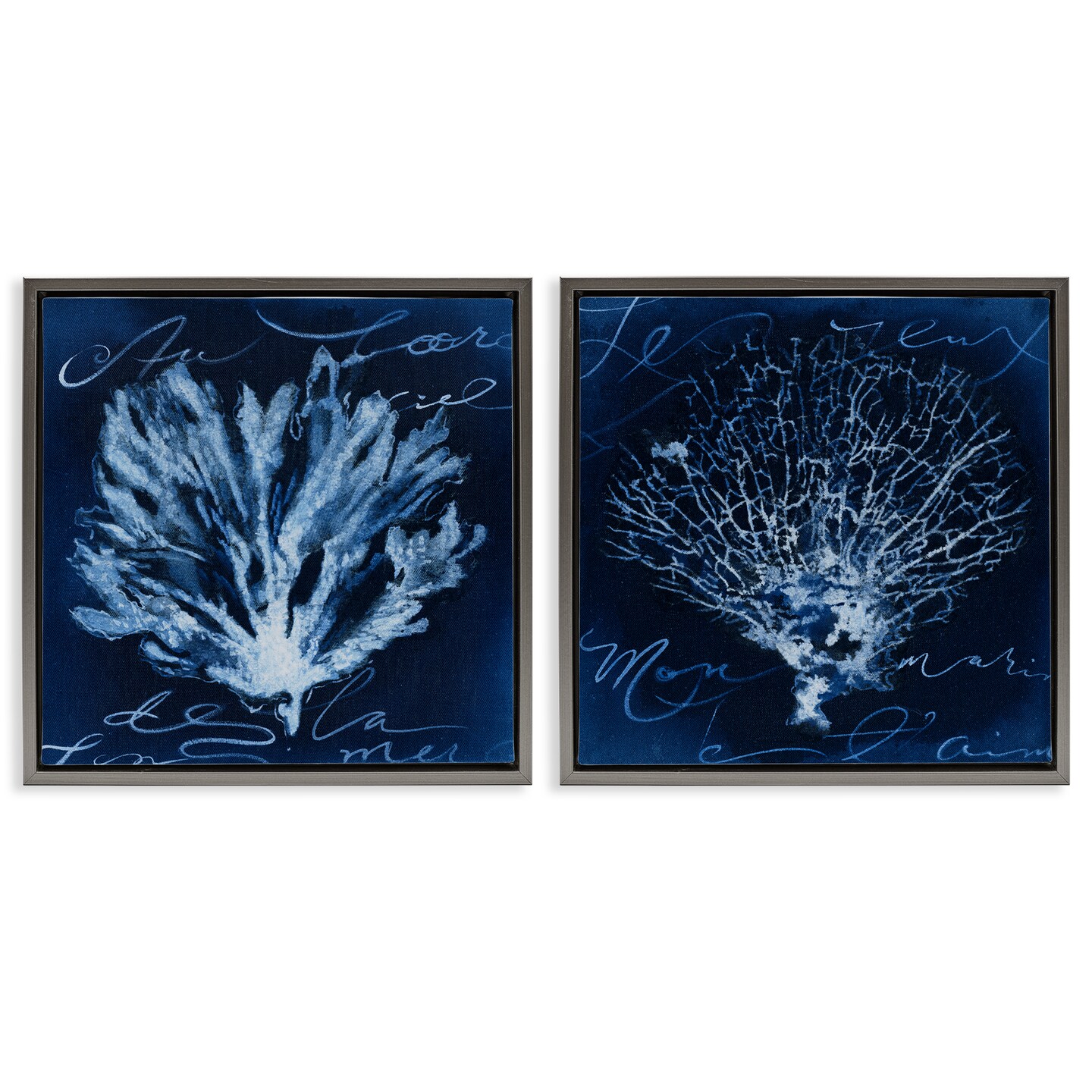 Stupell Industries Dark Blue Coral Pieces 2 pc Framed Floater Canvas Wall Art Set Design by Liz Jardine