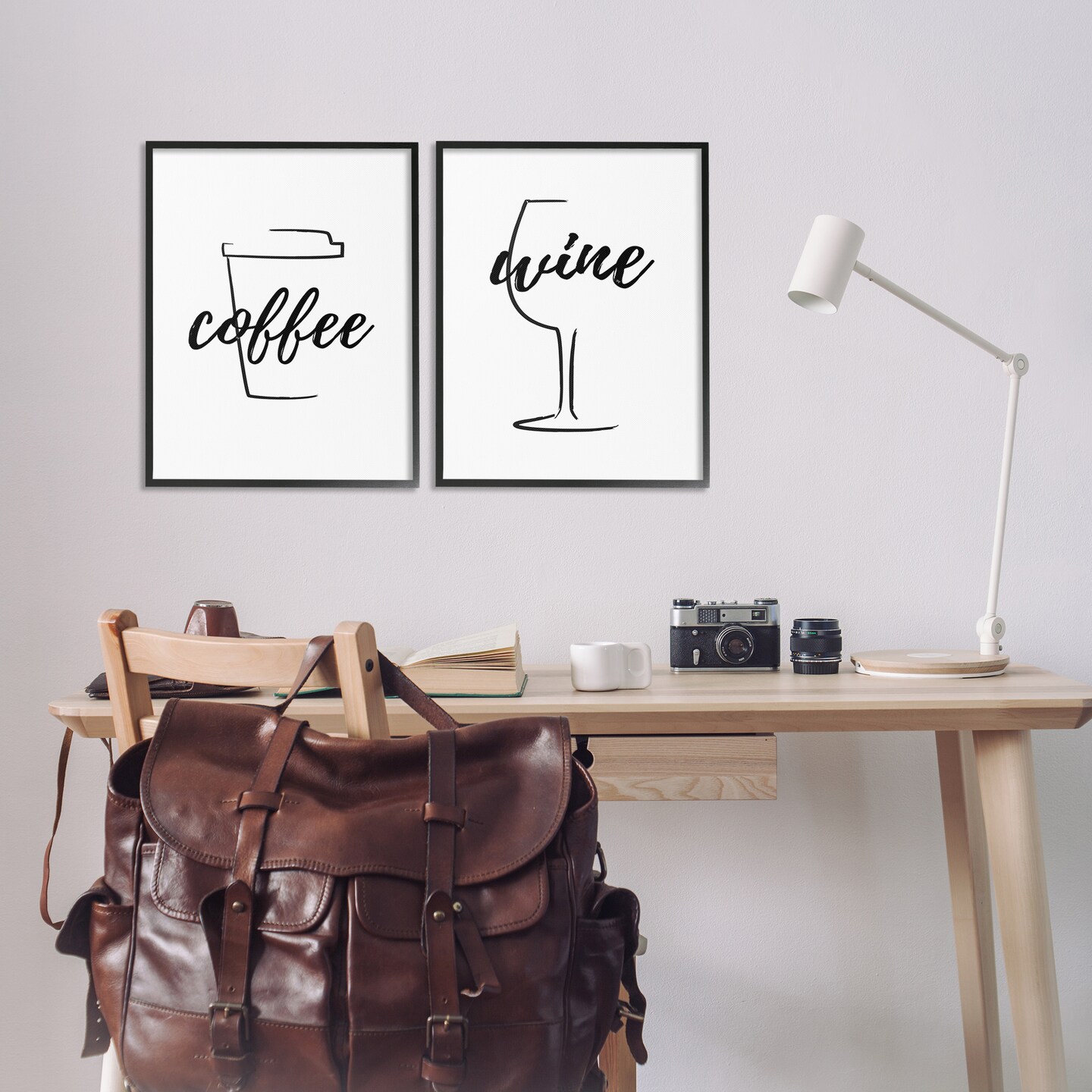 Stupell Industries Simple Coffee Wine Drawing 2 pc Framed Giclee Wall Art Set Design by Martina Pavlova