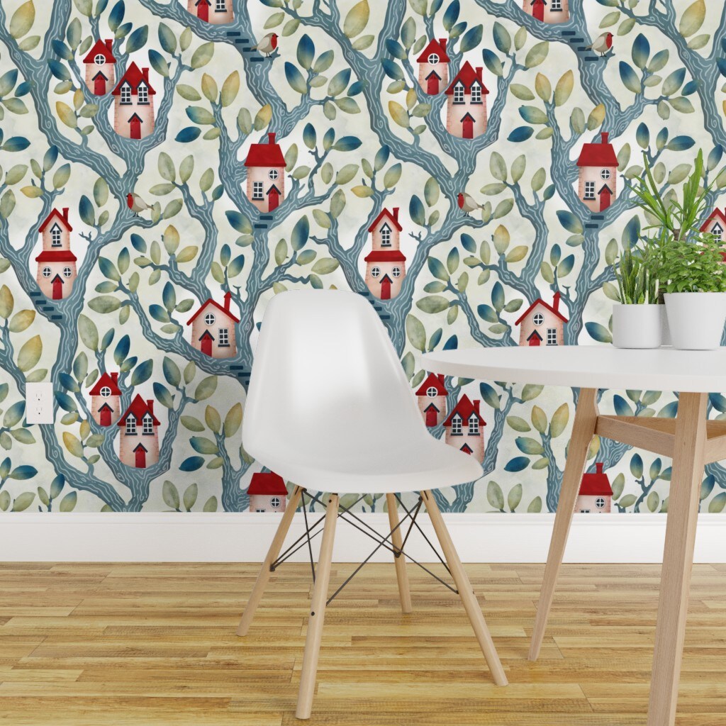 Peel &#x26; Stick Wallpaper 2FT Wide Watercolor Whimsical Trees Houses Forest Woodland Fairy House Treehouse Leaves Nature Cottage Kids Nursery Playroom Playhouse Scandi Custom Removable Wallpaper by Spoonflower