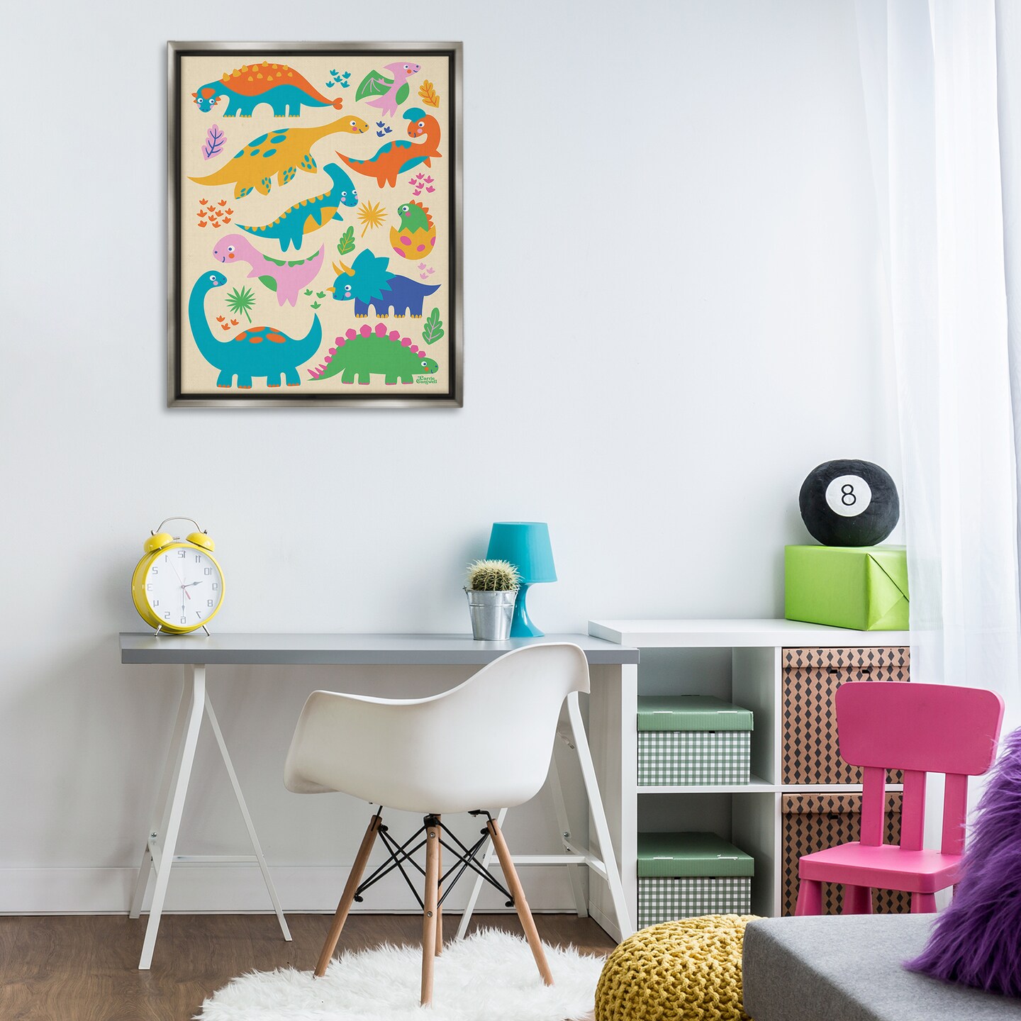 Stupell Industries Cute Whimsy Dinos Floater Framed Canvas Wall Art Design by Carrie Cantwell