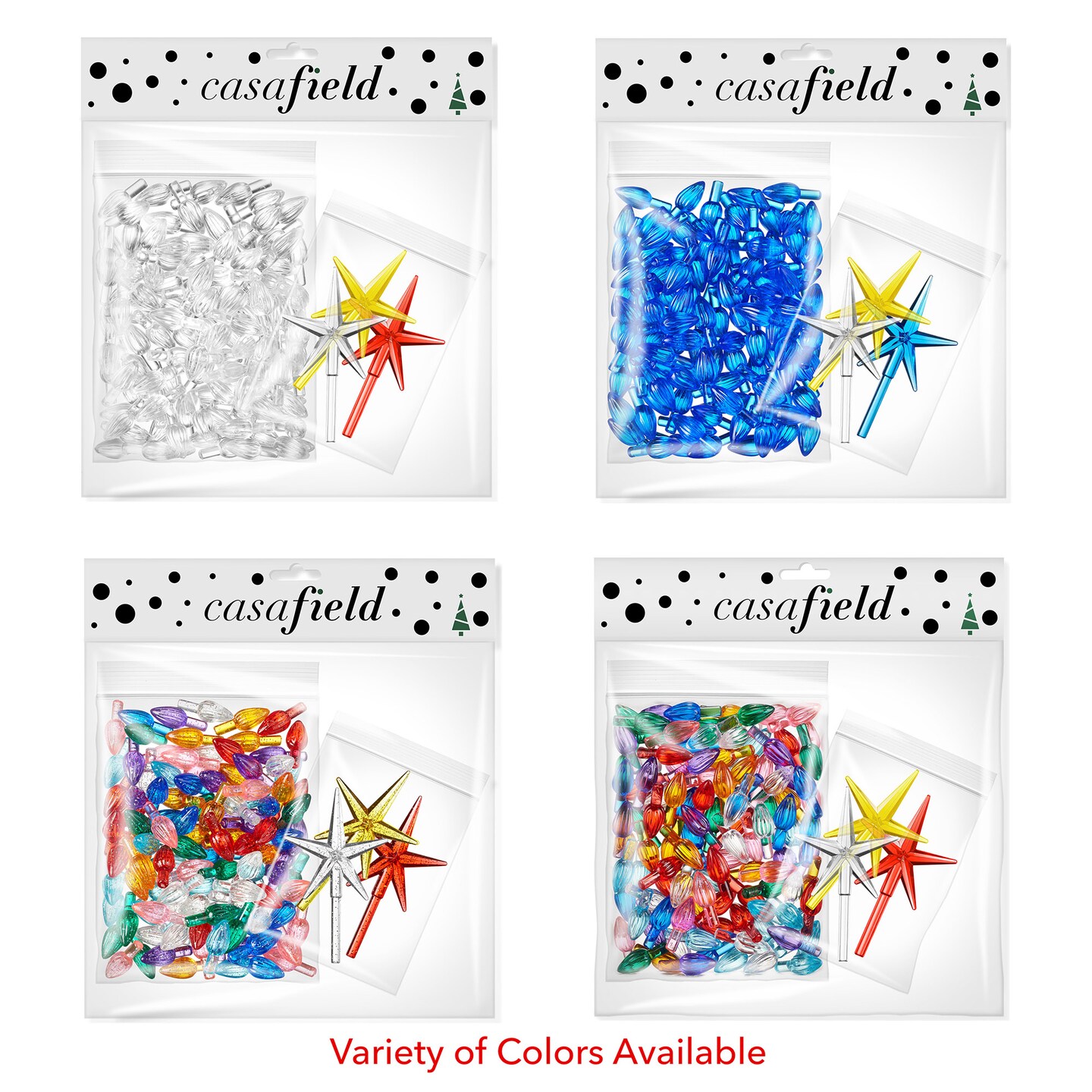 Casafield Ceramic Christmas Tree Replacement Lights - 108 Multi-color with Glitter Bulbs and 3 Star Toppers