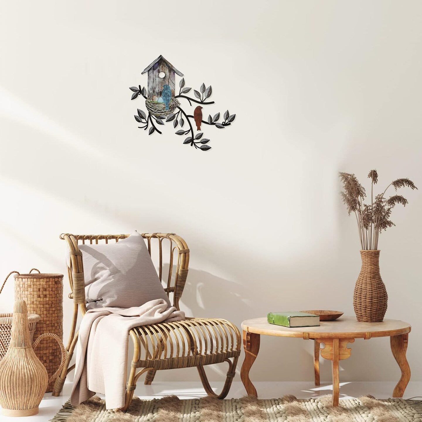 Birds Metal Wall Art – Tree with Birdhouse, Indoor & Outdoor Garden Decor (Brown)