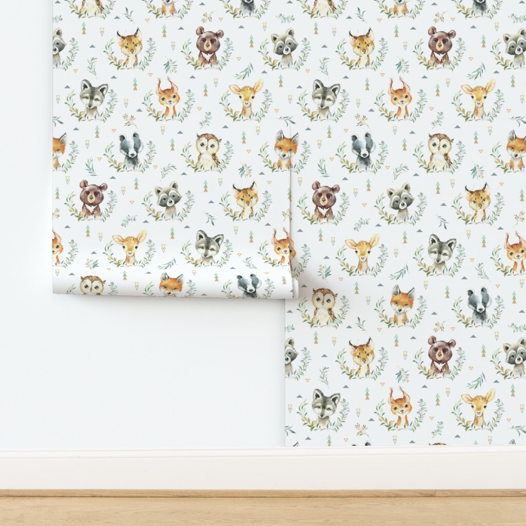 Woodland Animal Faces Bear Fox Raccoon Deer Custom Removable Wallpaper by Spoonflower Peel & Stick Wallpaper 2FT Wide