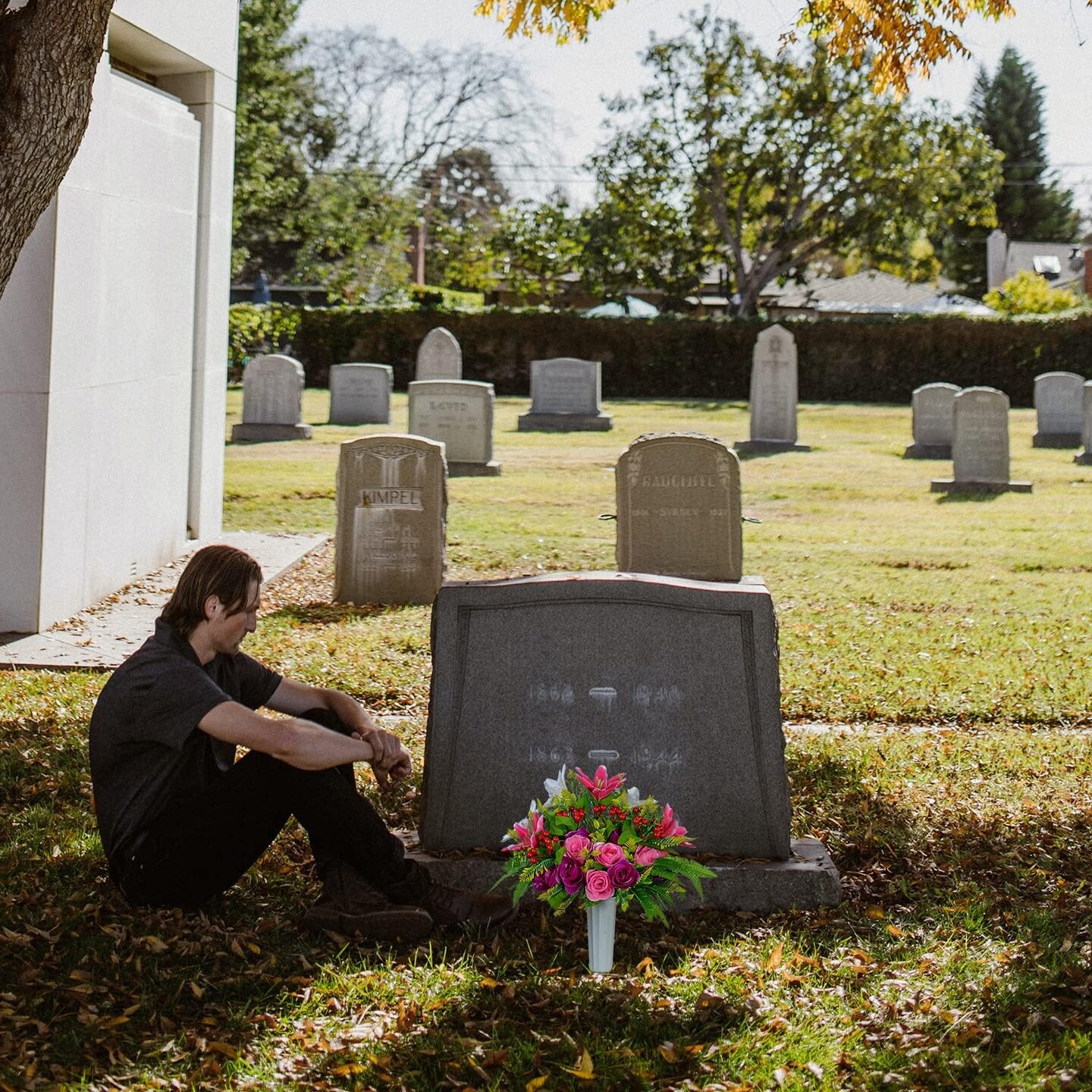 Artificial Cemetery Flowers with Vase, Set of 2 Artificial Rose Lily Bouquet Graveyard Memorial Flowers for Cemetery Headstones Decoration 5&#x22;D x 5&#x22;W x 15&#x22;H