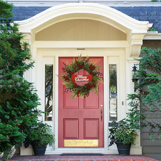 Artificial Christmas Wreaths for Front Door with red Berry,Pine Cones,Pine Needles for Indoor Outdoor Farmhouse Home Wall Window Festival Wedding Decor