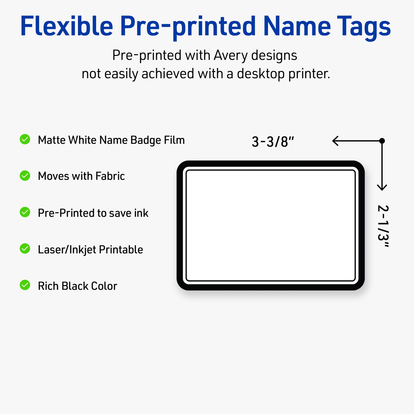 Avery&#xAE; Printable Rectangle Adhesive Name Tags, Double Black Border Design, 2-1/3&#x22; x 3-3/8&#x22;, Matte White Removable Name Tags, Laser/Inkjet, 80 Total, Great for Name Badges