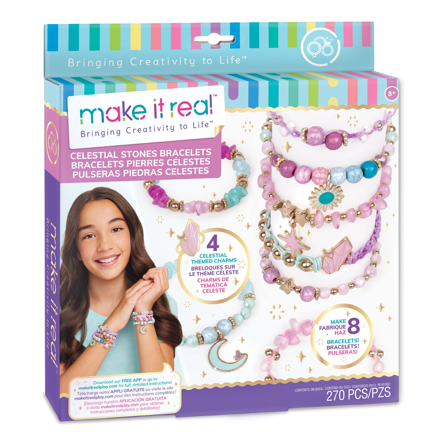 Make It Real: Celestial Stones Bracelets Kit - Create 8 Fashionable Bracelets, 4 Awesome Celestial Themed Charms, 270 Pieces, Includes Play Tray, All-In-One, DIY Jewelry Kit, Tweens &#x26; Girls, Arts &#x26; Crafts, Kids Ages 8+