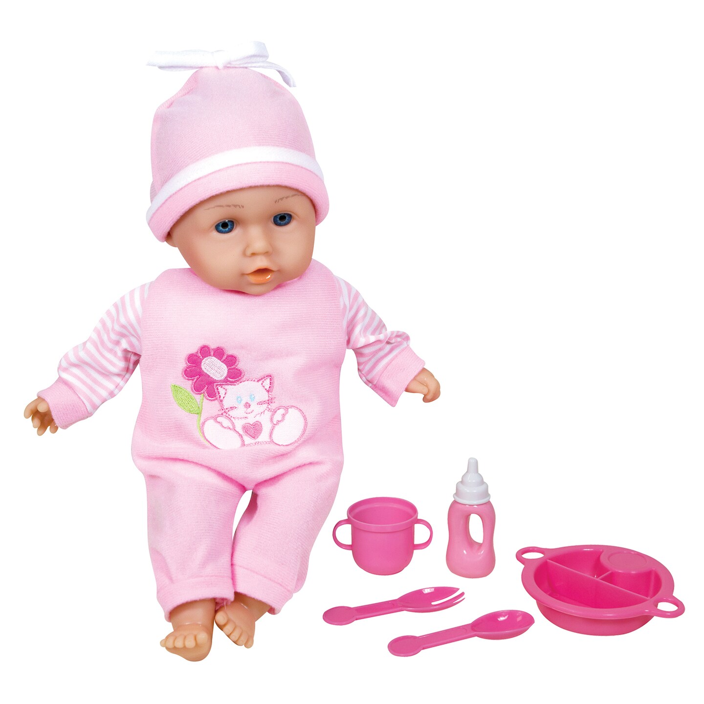 Lissi: 13" Talking Baby & Feeding Accessories Set - Pink & Cat Onesie, Matching Cap, 30 Interactive Sounds, Soft Body, Roleplay Toy, Kids-Toddlers 2+