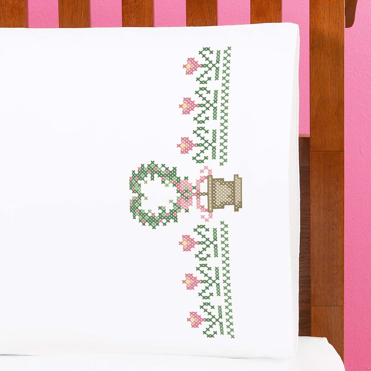 Herrschners  Lovely Topiary Pillowcase Pair Stamped Cross-Stitch