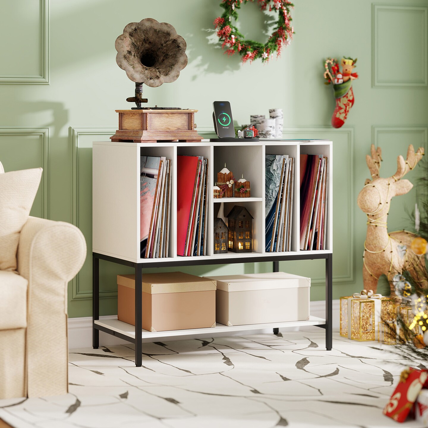 Record Player Stand with Charging Station Vinyl Storage Cabinet with 6 Compartments Metal Frame Turntable Table