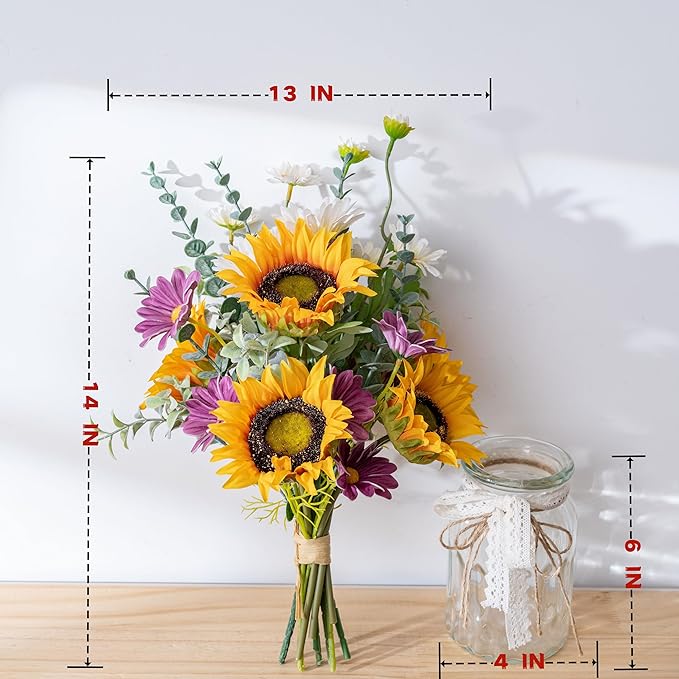 Artificial Faux Flowers in Vase for Home, Sunflower Silk Daisy Bouquet, Fake Flower Arrangement with Pot for Fall & Spring Décor, Coffee Table, Dining Room & Kitchen Centerpieces