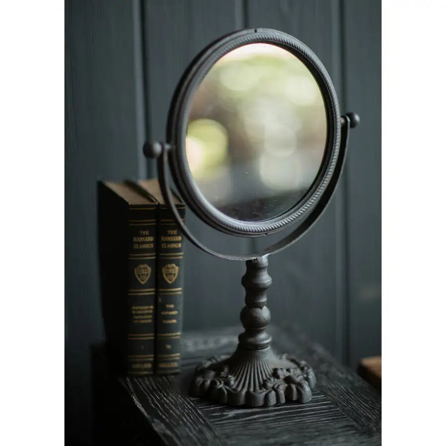 Vintage Cast Iron Mirror with Stand Tabletop Vanity Mirror 15 Inch Decor