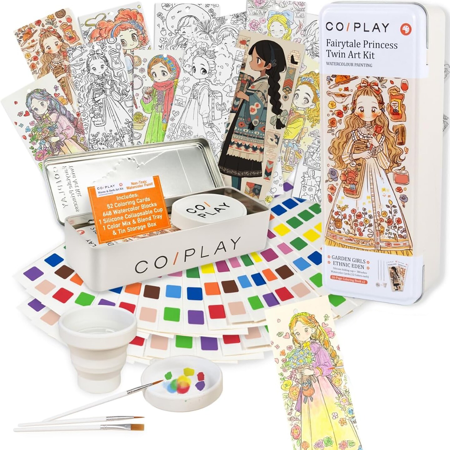 COIPLAY: Watercolor Painting Art Kit - Fairytale Princess - Tin Box, 52 Character Bookmarks, 648 Color Blocks, 3 Brushes, Silicone Cup, Adults-Kids 6+