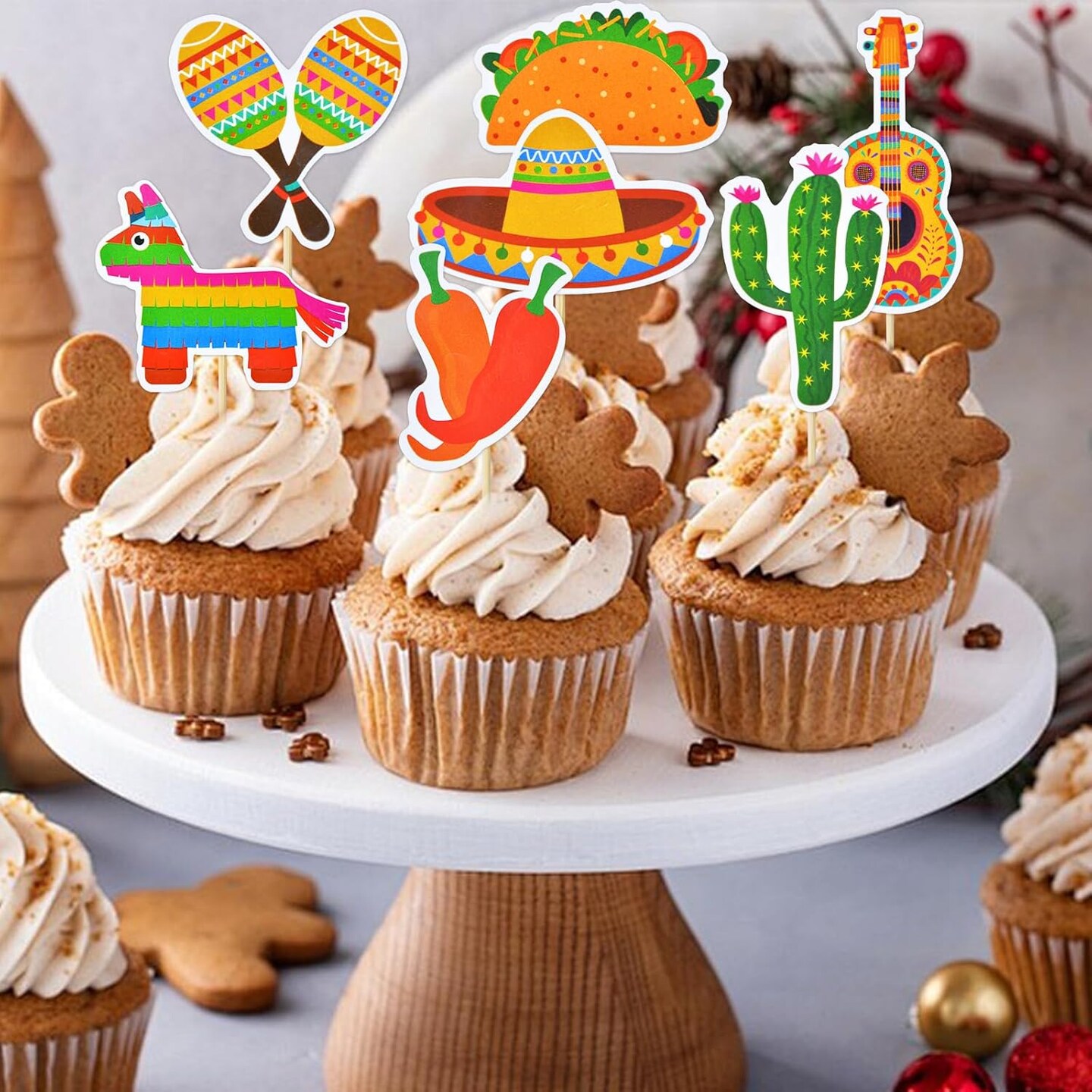 32 Pcs Mexican Fiesta Cupcake Toppers - Cactus Sombrero Maraca Guitar Taco Pi&#xF1;ata Chili Pepper Cupcake Picks Mexican Fiesta Theme Cinco de Mayo Birthday Party Cake Decorations Supplies
