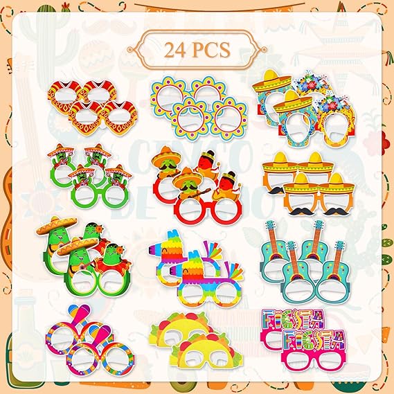24 Pieces Mexican Fiesta Paper Party Glasses, 12 Designs with 2 Each - Fun Taco, Sombrero, Pi&#xF1;ata, Cactus, and Maraca Eyeglasses for Cinco de Mayo, Mexican Birthday Party Favors, and Photo Booth Props
