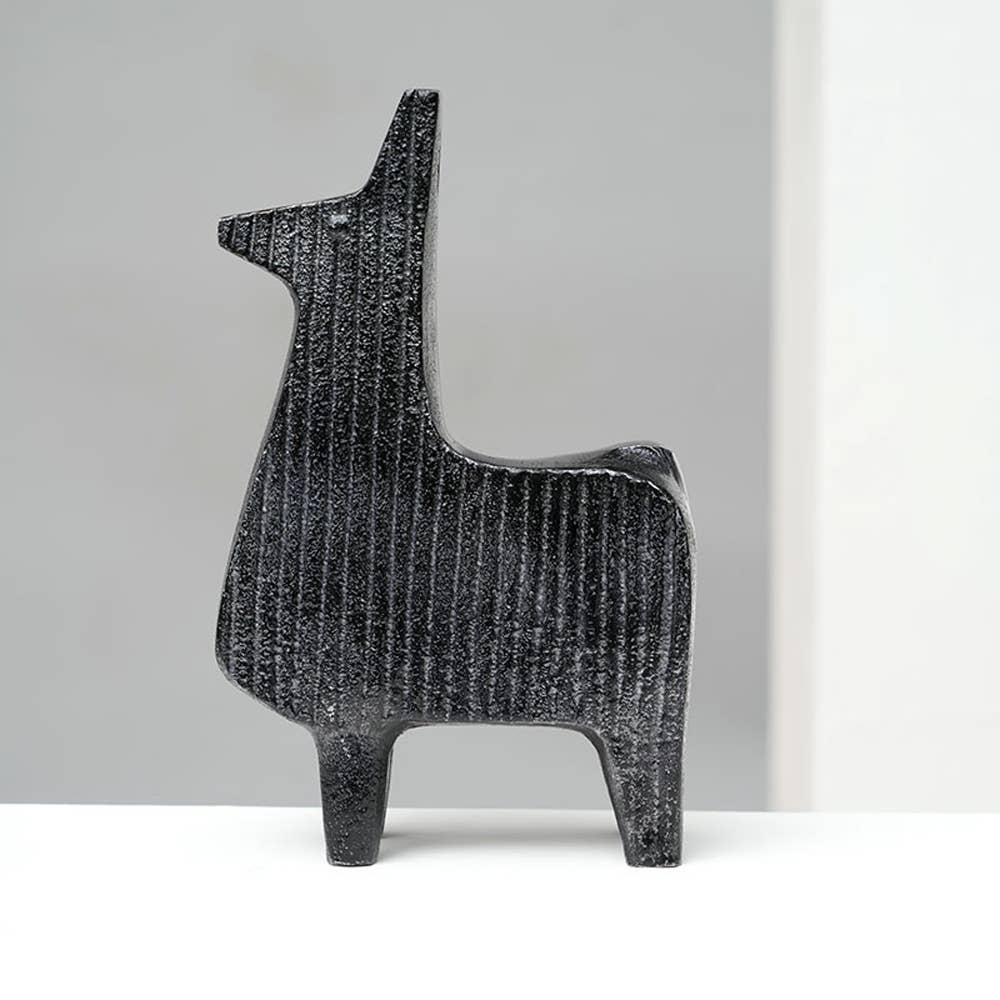 Black Ribbed Llama Sculptures &#x2013; Contemporary Aluminum Animal Figurines