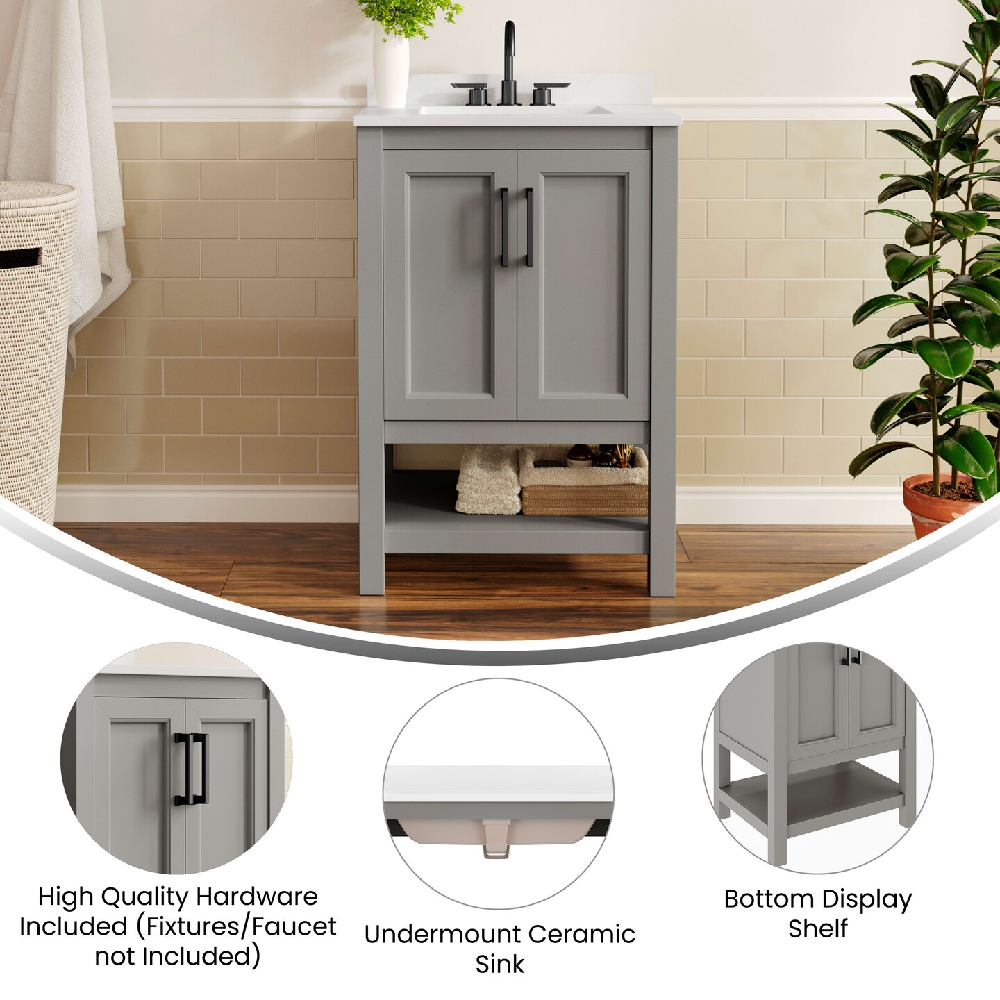 Merrick Lane Vigo Bathroom Vanity with Ceramic Sink, Carrara Marble Finish Countertop, Storage Cabinet with Soft Close Doors and Open Shelf