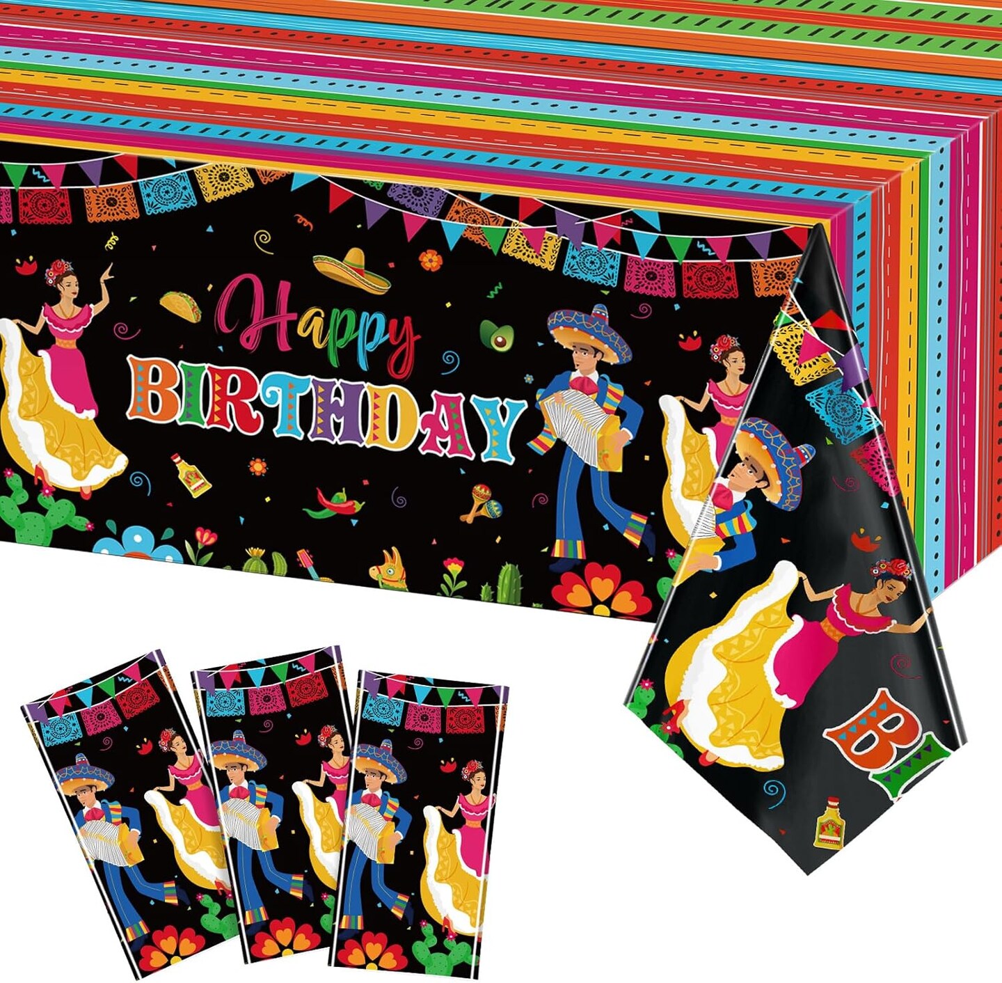 3 Pcs Mexican Fiesta Happy Birthday Fiesta Disposable Table Cover Plastic Cinco De Mayo Tablecover for Mexican Taco Night Birthday Party Decorations Supplies, 54 x 108 Inch