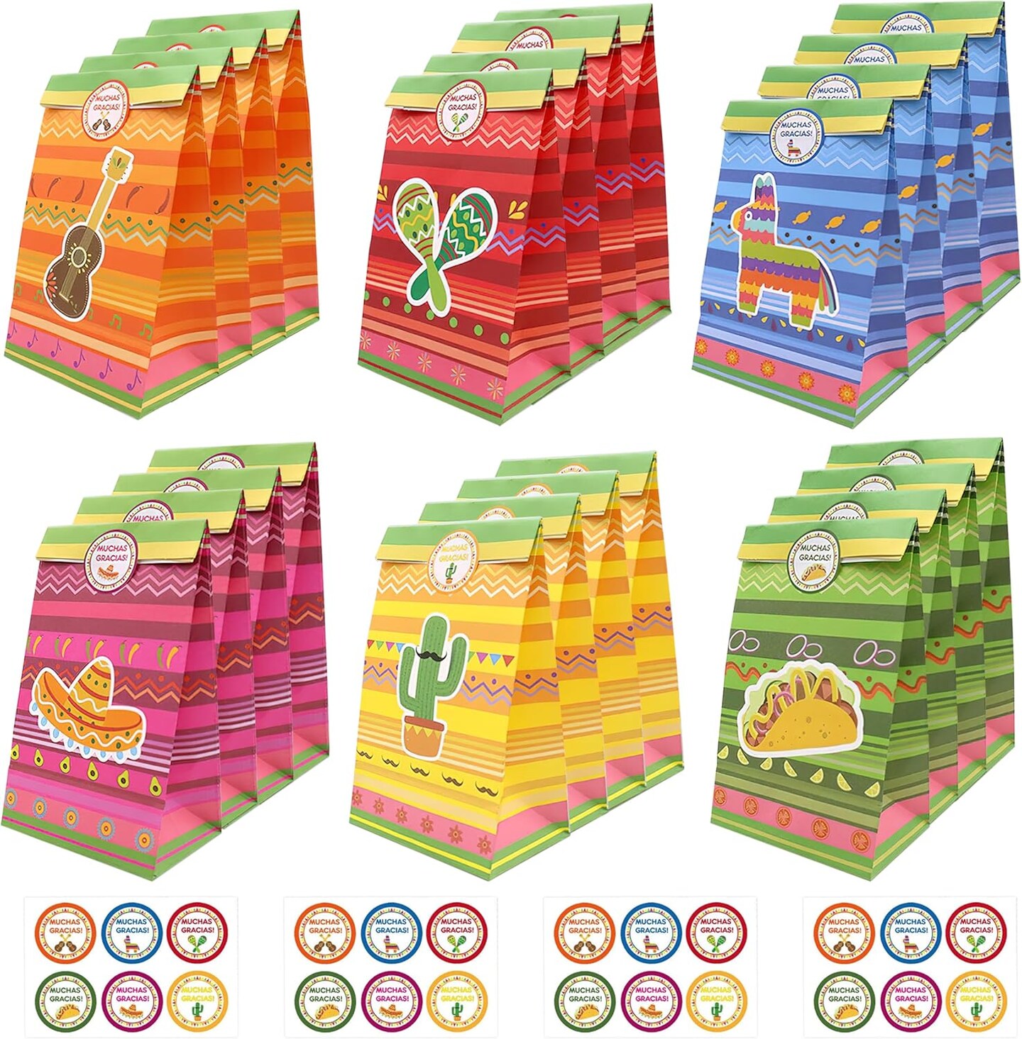 24 PCS Mexican Fiesta Party Favor Bags Paper Goodie Bags Cinco De Mayo Party Bags Taco Bar Decorations for Mexico Birthday Party Supplies Gift With Muchas Gracias Thank You Stickers