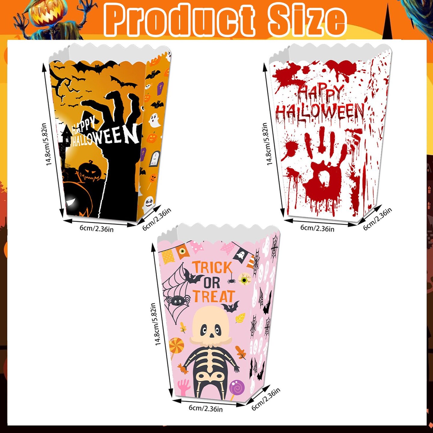 12Pcs Halloween Popcorn Box 3 Designs Spooky Halloween Trick or Treat Boxes Bloody Theme Party Favor Snack Boxes Candy Cookie Container Paper Boxes for Halloween Holiday Party Supply