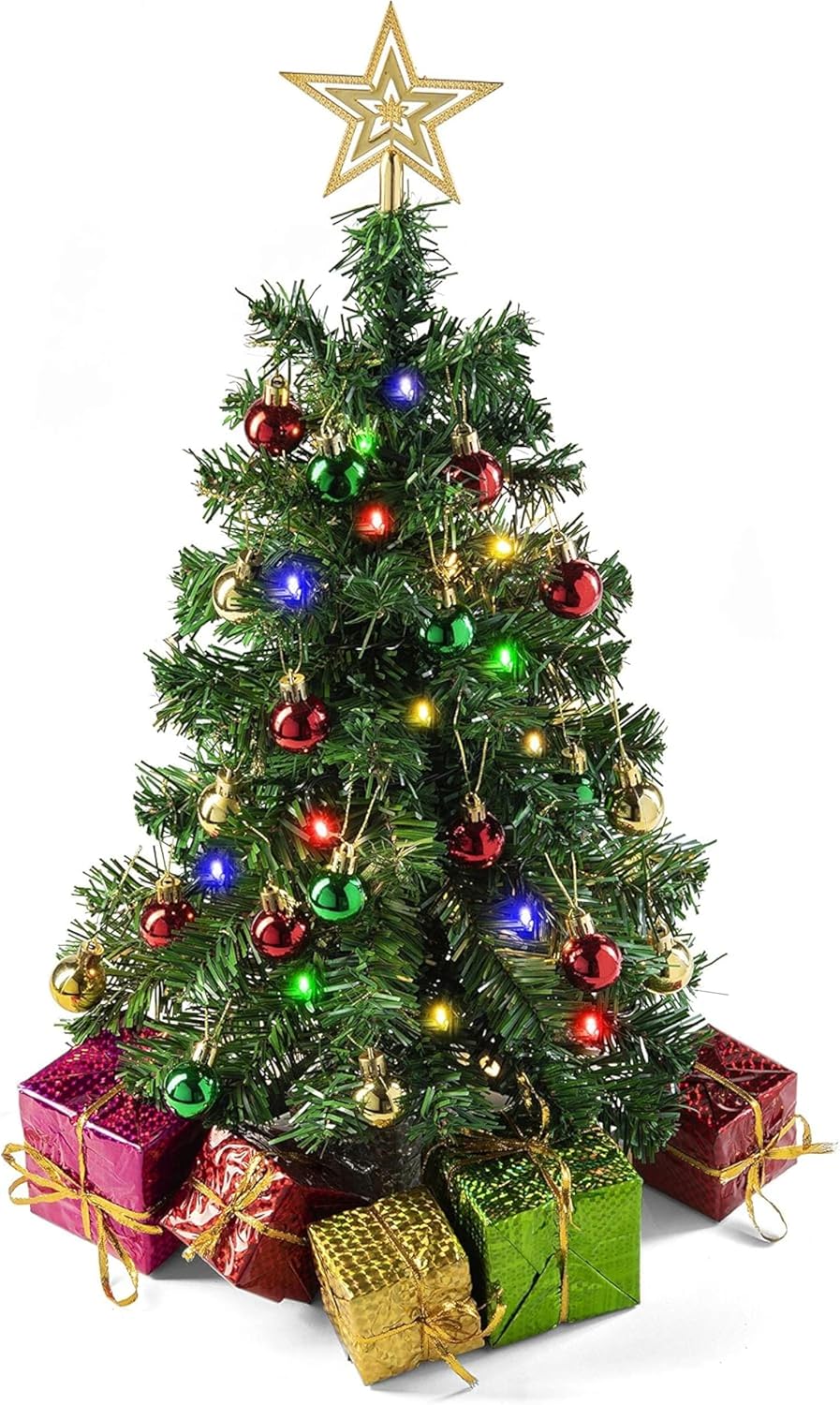 23-Inch Mini Christmas Tree Tabletop with Multicolor LED Lights and Ornaments (Dark Green)
