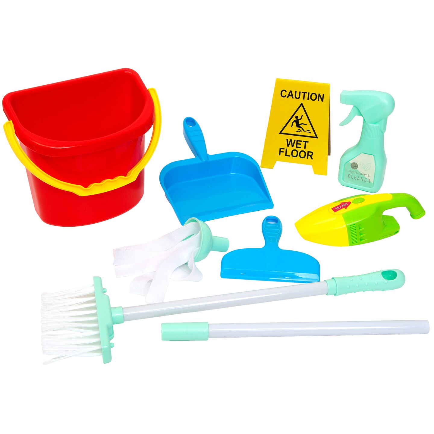 Boley: Cleaning Set - 8pc Toy Accessories, Broom-Dustpan-Mop-Vacuum-Bucket-Squeegee-Sprayer-Wet Floor Sign, Pretend Play & Housekeeping, Kids Ages 3+
