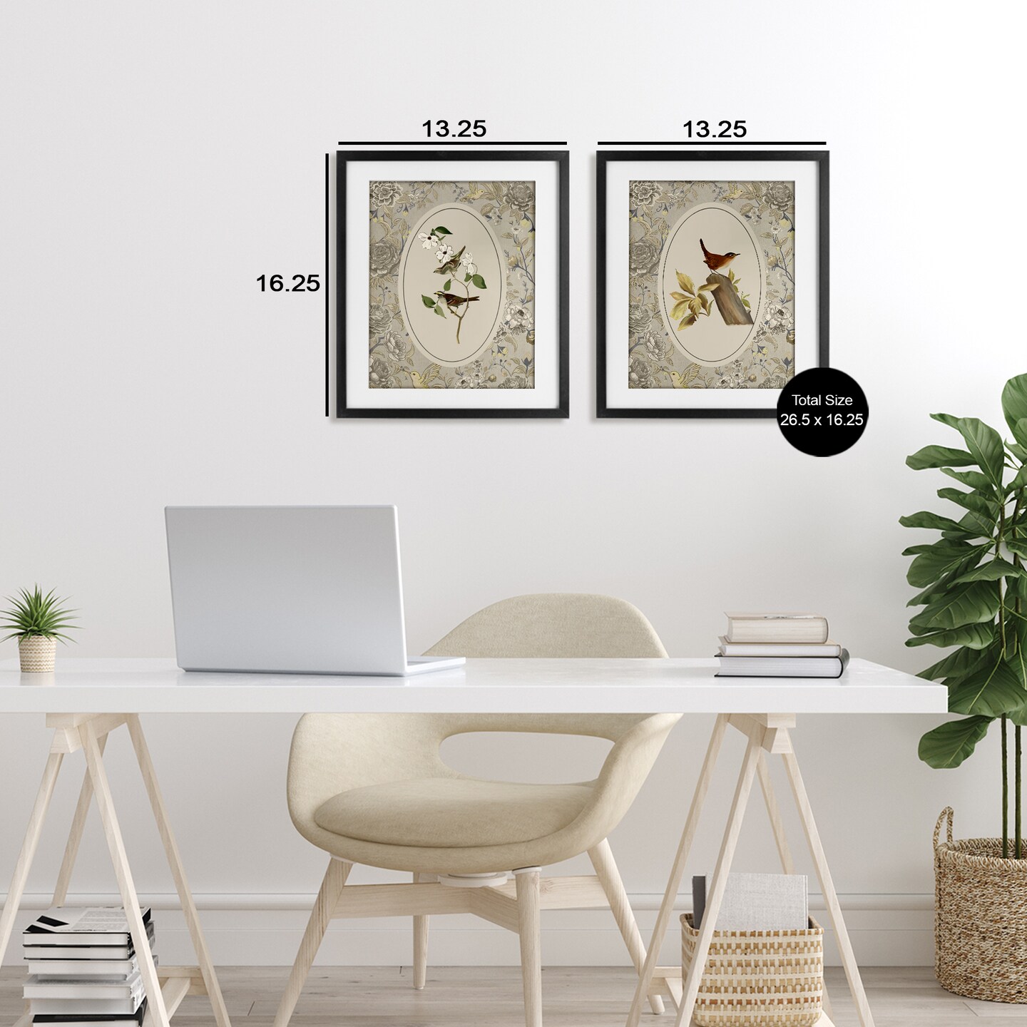 Stupell Industries Vintage Birds & Toile 2pc Framed Print Under Glass Set, design by Radhika Modi
