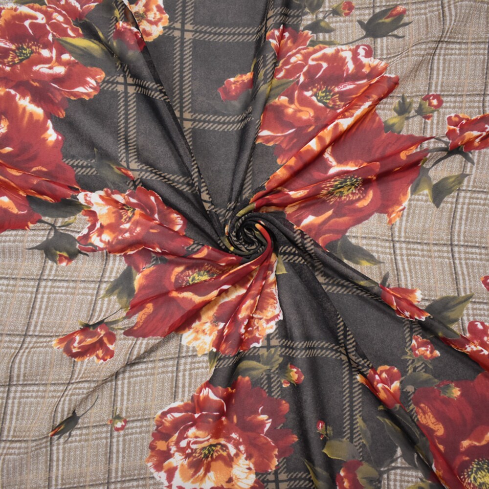 Beige-Red-Multi Poly Plaid Floral Printed Chiffon Woven Fabric By the Yard