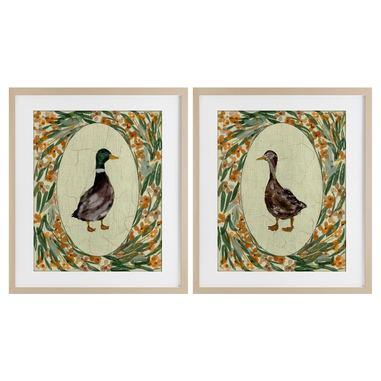 Stupell Industries Country Floral Duck Portraits 2pc Framed Print Under Glass Set, design by Yen