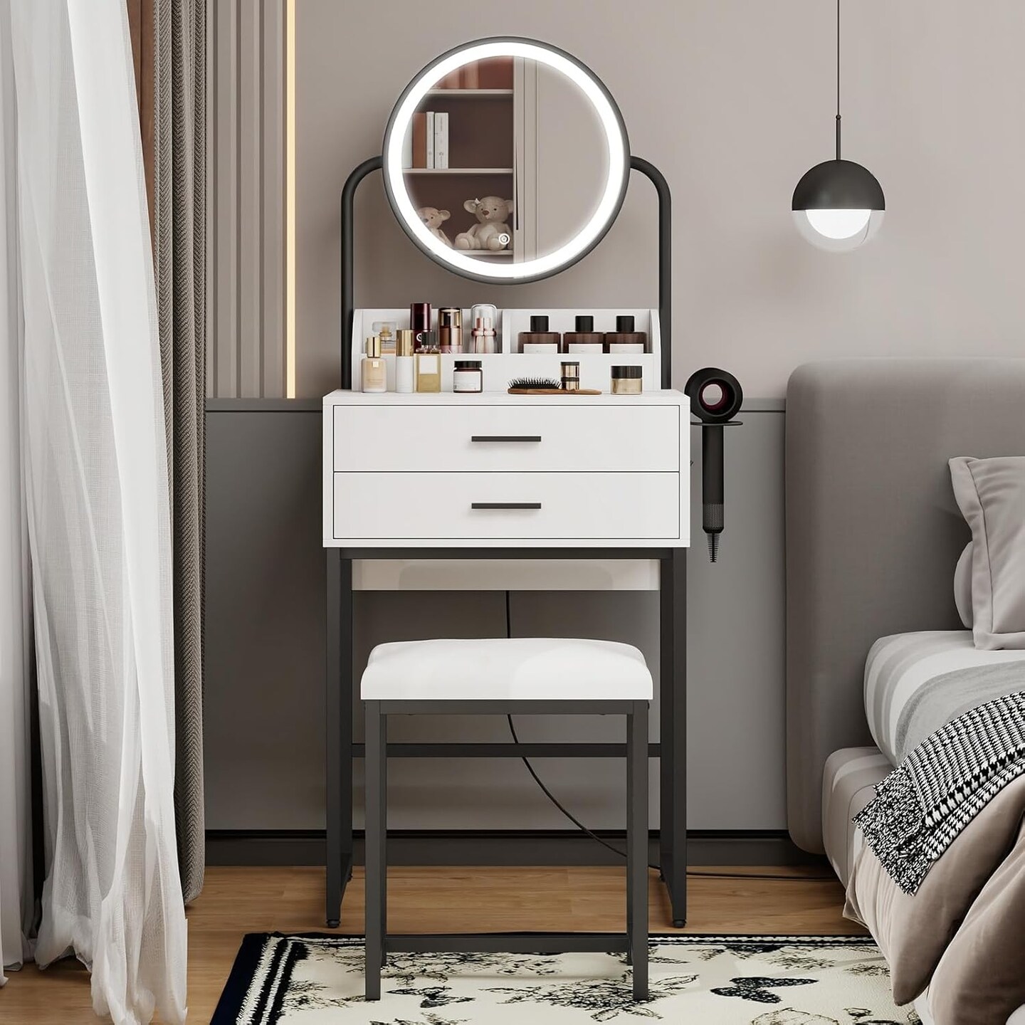 Small Vanity Desk with Mirror and Lights Compact Makeup Vanity Set with Drawers for Bedroom Mini White Modern Dressing Table with Stool