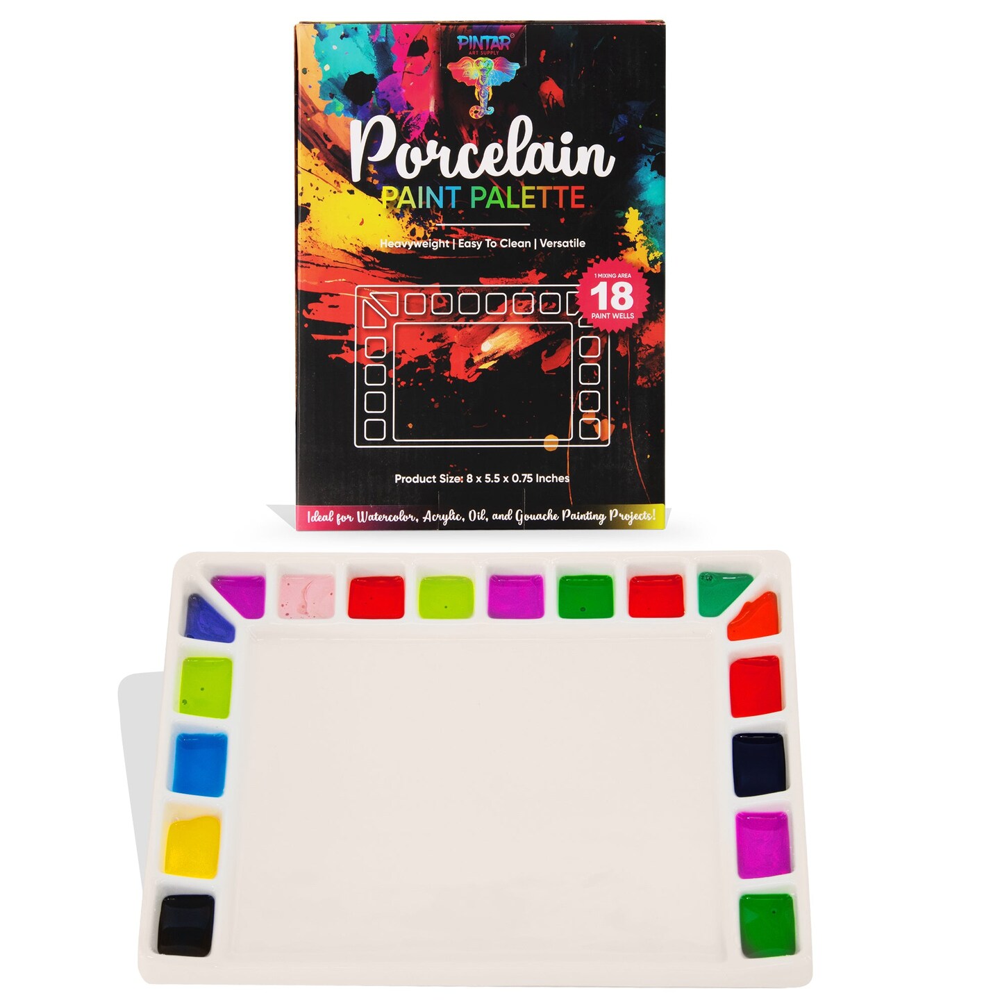 Pintar Ceramic Watercolor Paint Palette Tray - 18 -Well Ceramic Palette | Rectangle - 8&#x27;&#x27;x5.5&#x27;&#x27;x0.75&#x27;&#x27; Paint Pallet | Durable Watercolor Palette Tray for Acrylic, Oil, Gouache &#x26; All Water-Based Paints