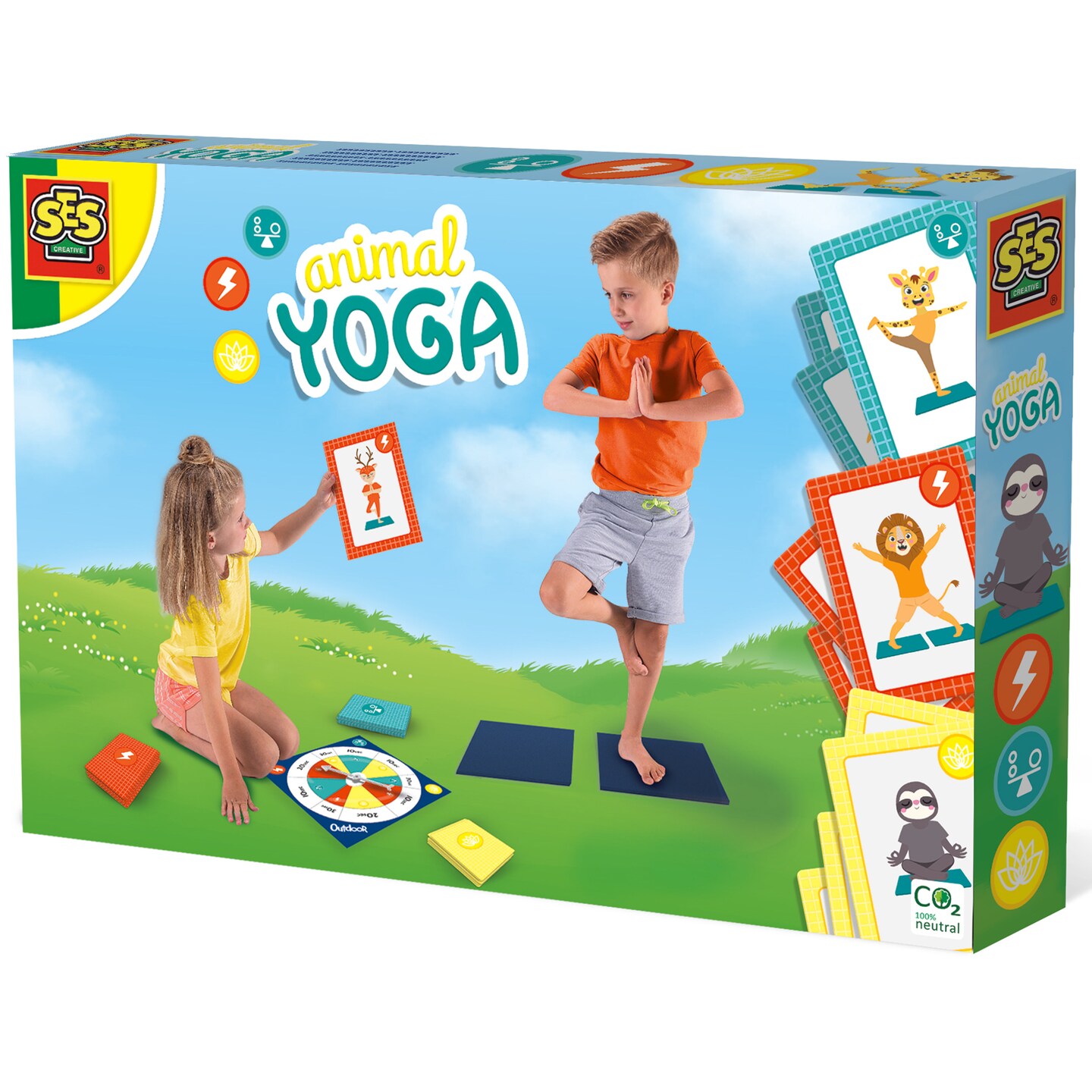 SES Creative: Animal Yoga - Kids Indoor/Outdoor Game, 27 Animal Themed Yoga Cards &#x26; 2 Mats, Family Fitness &#x26; Sport Activity, Active Play, Kids Ages 3+