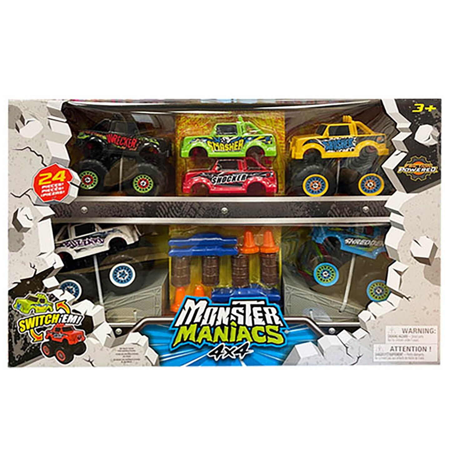 Monster Maniacs: Switch 'Ems Monster Trucks - 24pc Set, 6 Friction Powered Toy Vehicles, Mix & Match Bodies, Crushed Cars, Ramps-Accessories, Kids 3+