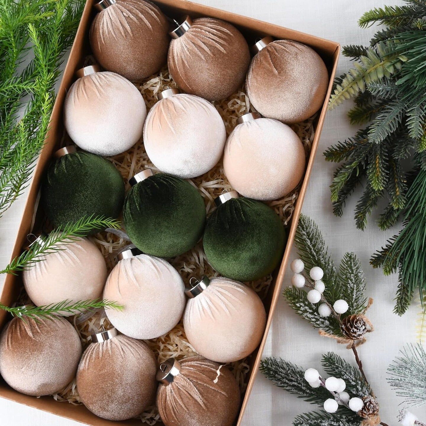 Christmas Tree Ornaments Velvet Balls - Pack of 15pcs Shatterproof Xmas Bulbs Decorations Set - Multicolor Green Brown Neutral, 80mm 3.15 inch