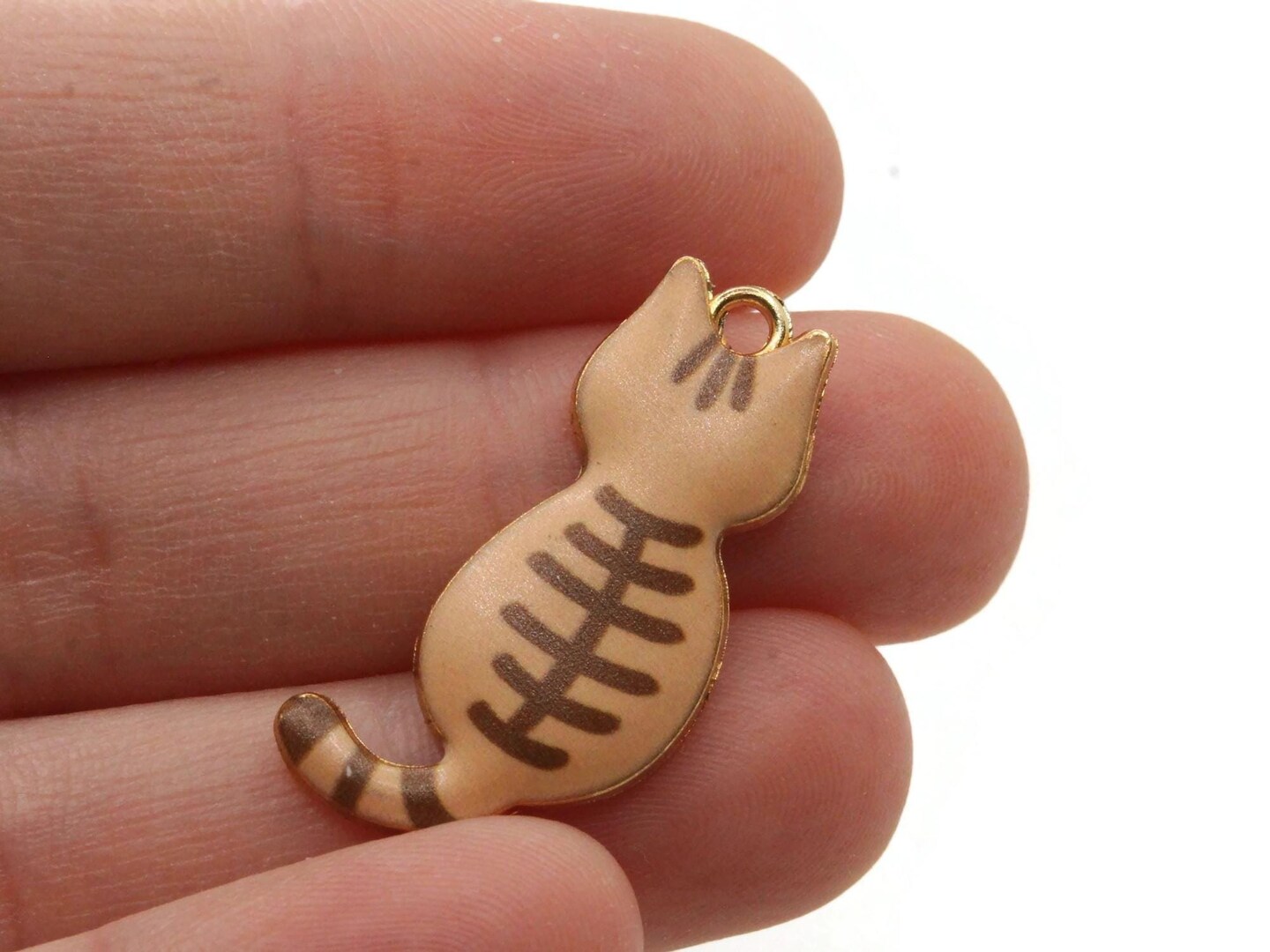30mm Brown Striped Cat Gold Metal and Enamel Pendant