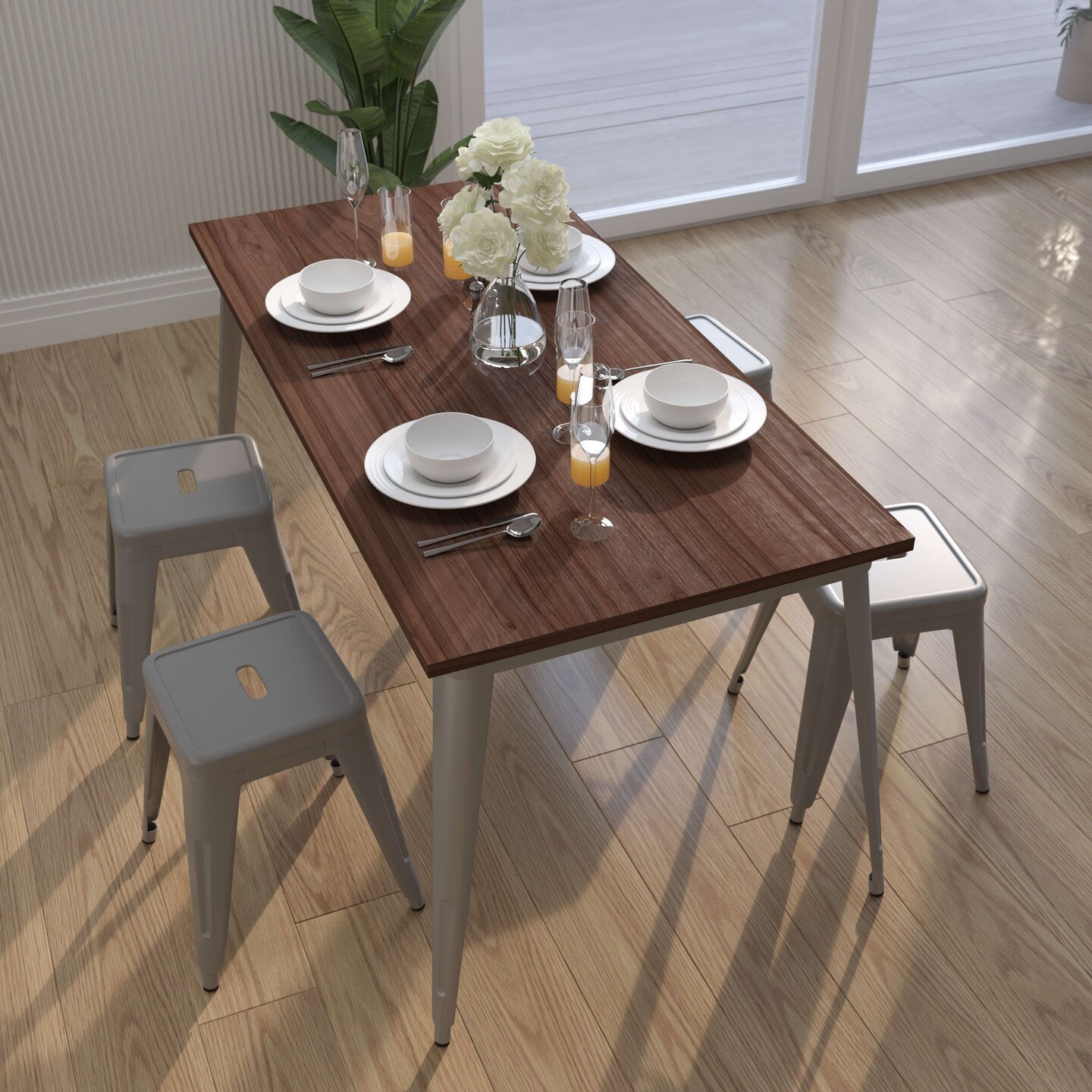 Merrick Lane Ardennes Rectangular Steel Frame Square Table With Wood Top