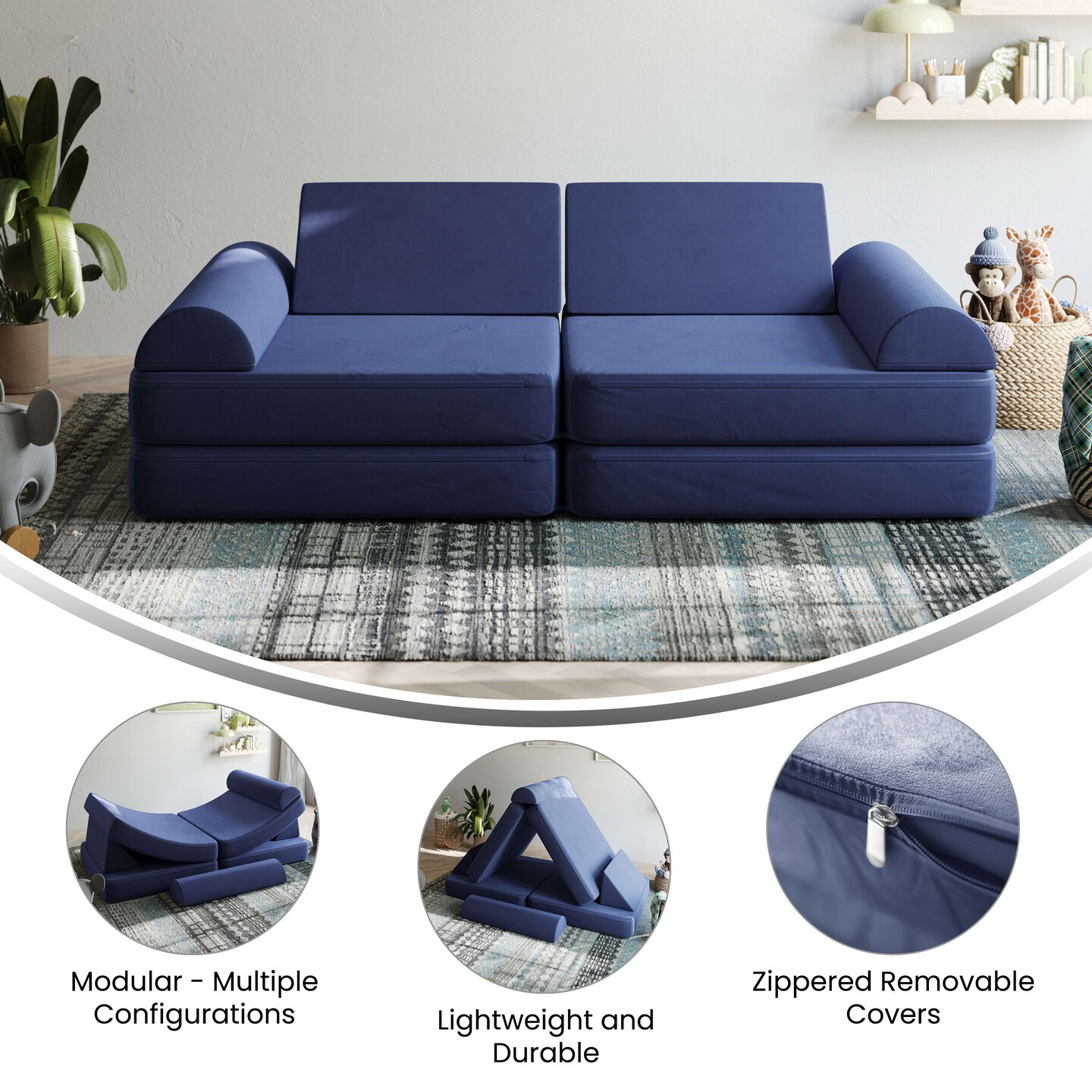 Emma and Oliver Conner Modular Play Couch for Kids with Convertible 6-Piece Design and Soft Foam Cushions