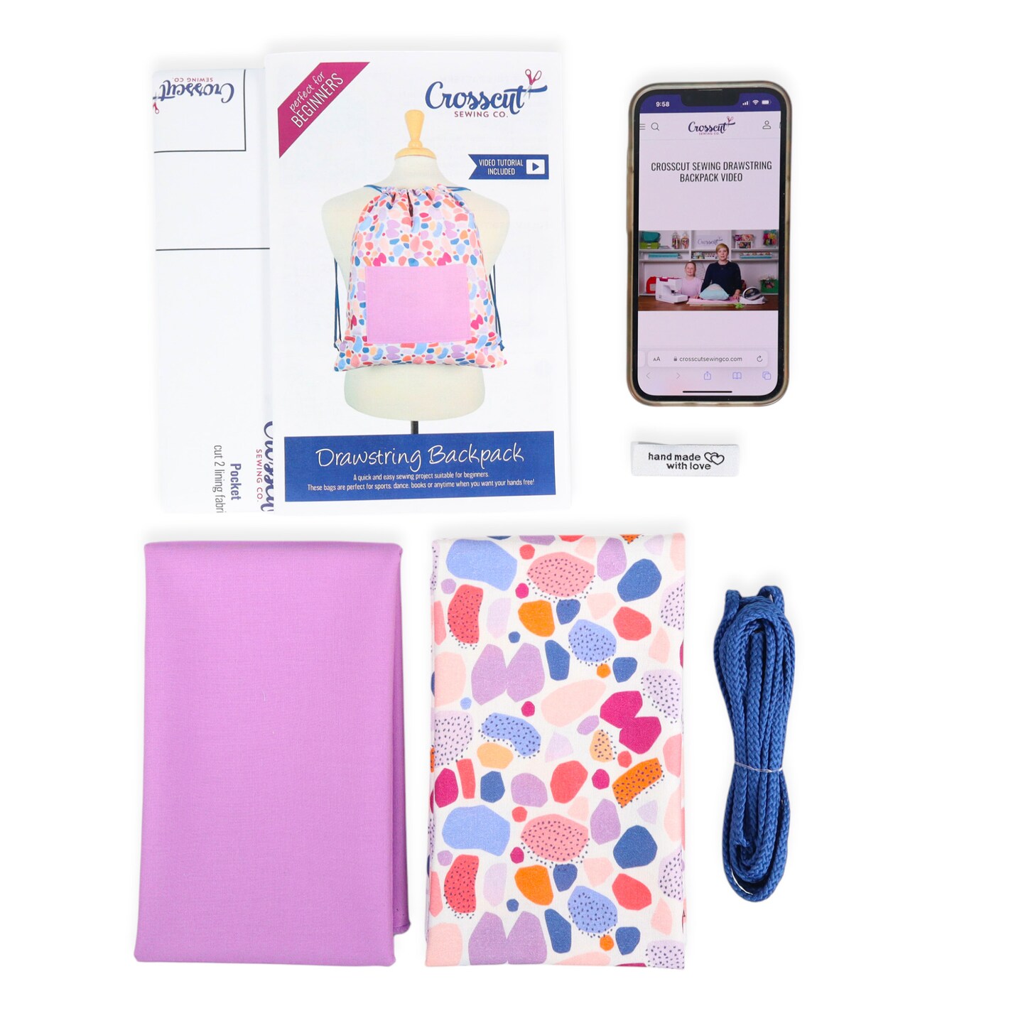 Crosscut Sewing Co.&#xAE; Drawstring Backpack Sewing Project Kit - Beginner Sewing Kit - Sewing Kit for Kids