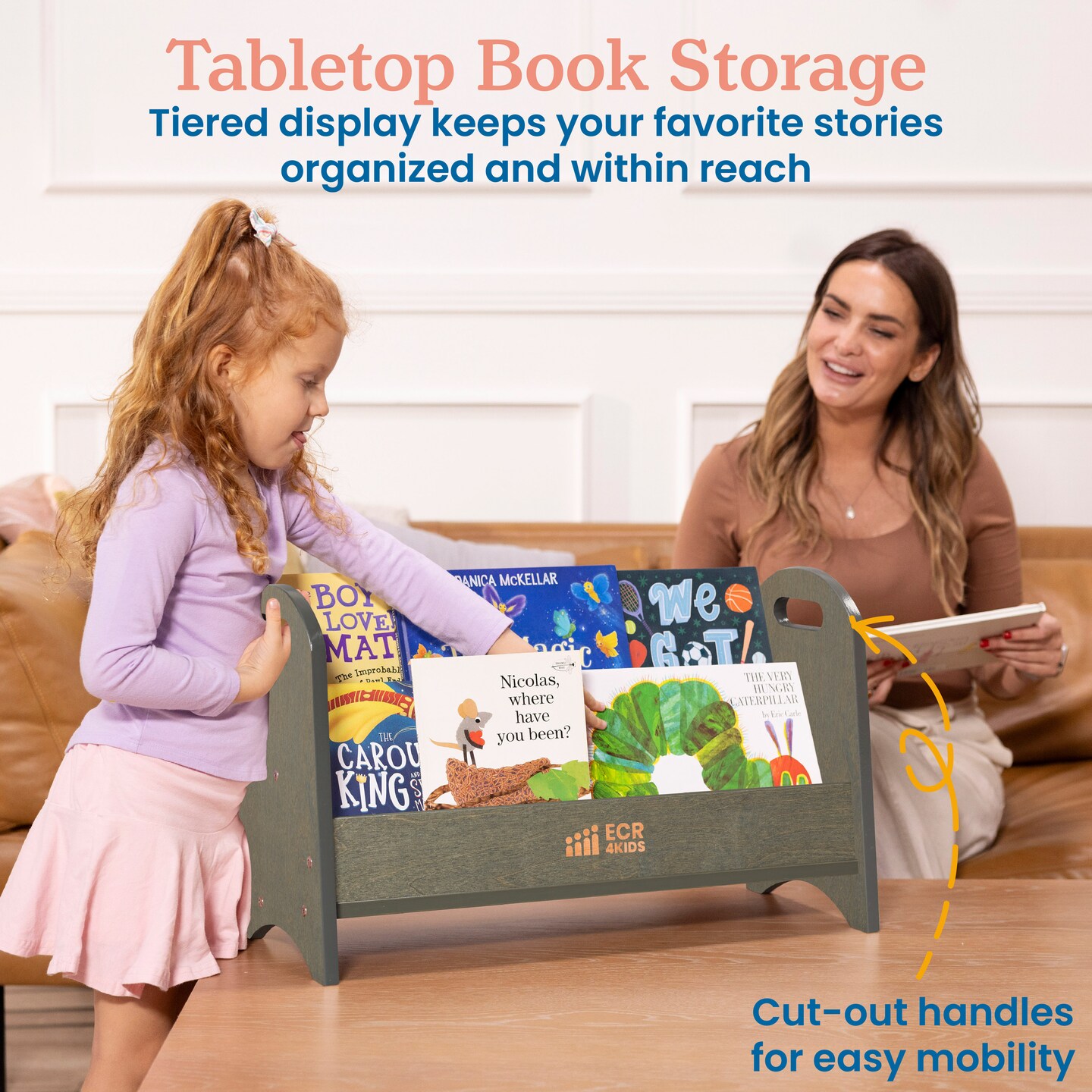 2-Shelf Tabletop Book Display with Handles, Beginner Bookshelf