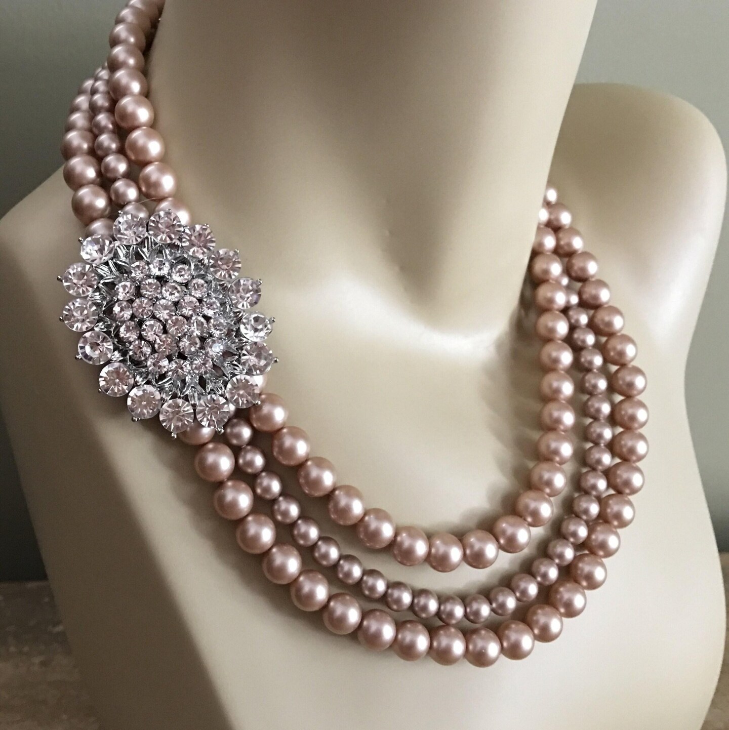 COMPLETE Champagne Jewelry Set Taupe Pearl Necklace with Brooch Bracelet Earrings Swarovski Pearls In Powder Almond Mother of the Bride product 6
