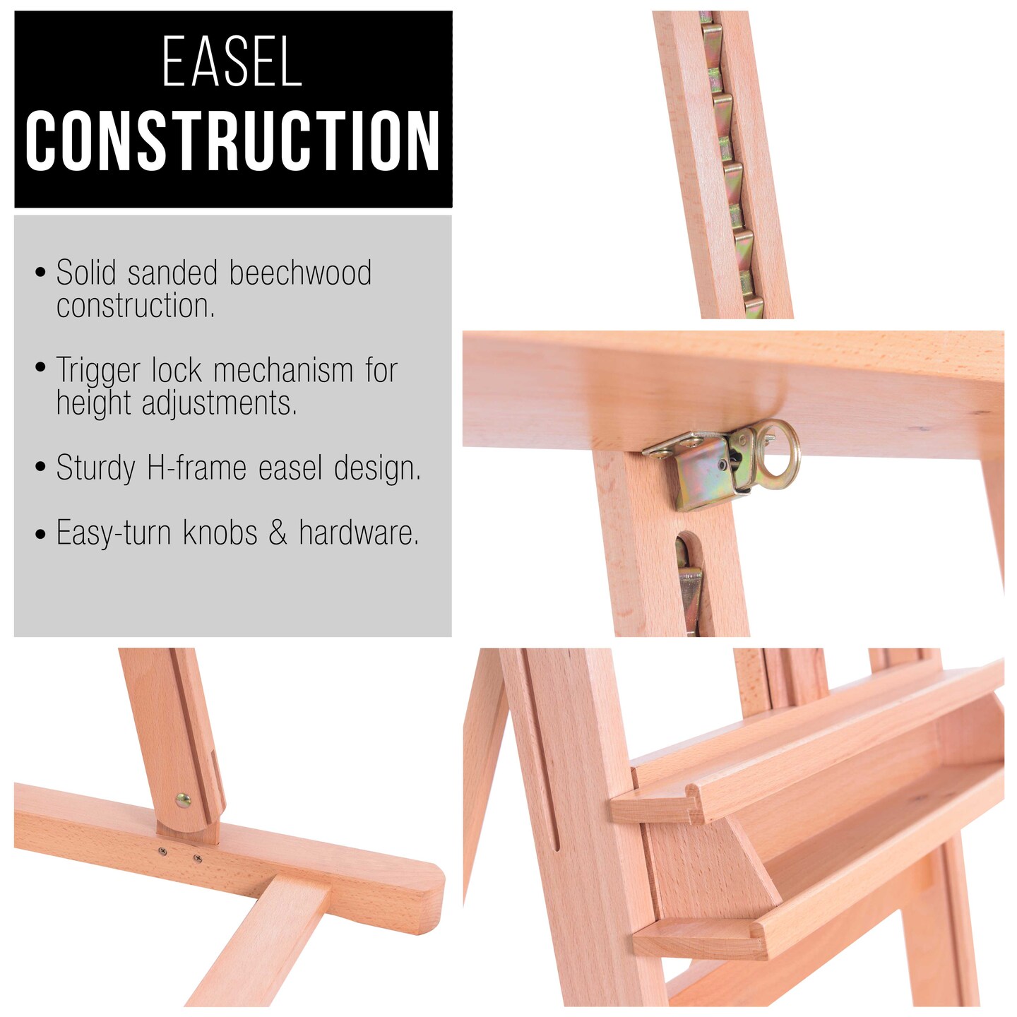 Medium Wooden H-Frame Studio Easel with Artist Storage Tray - Mast Adjustable to 96&#x22; High, Holds Canvas to 48 &#x22; - Sturdy Beechwood Holder Floor Stand