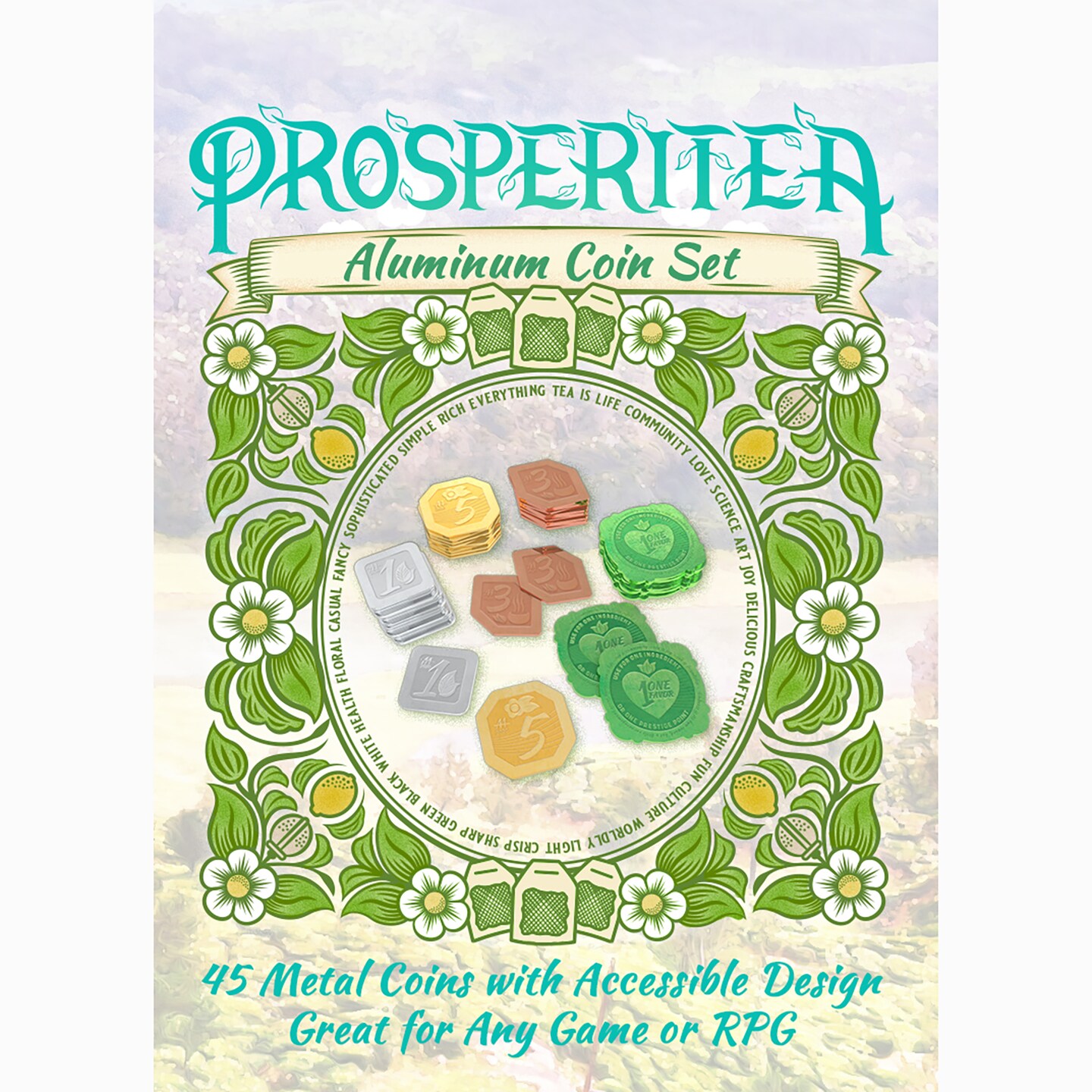 Mentha Designs: Prosperitea - Aluminum Coin Set - 45ct, Unique Shaped Metal Currency, Premium Upgrade Game Components, Use w/ Other Various Games-RPGs