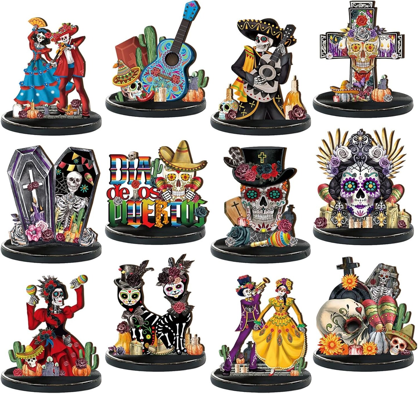 12 Pcs Day of The Dead Table Decorations Wooden Mexican Dia De Los Muertos Altar Centerpiece Halloween