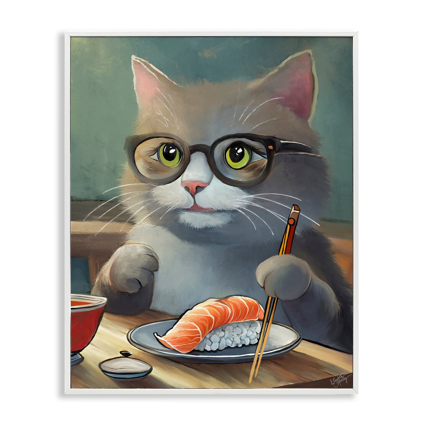セントマイケル　EATING LIKE AN ANIMAL Ｍ Stupell Industries Cat Eating Sushi Framed Giclee Wall Art